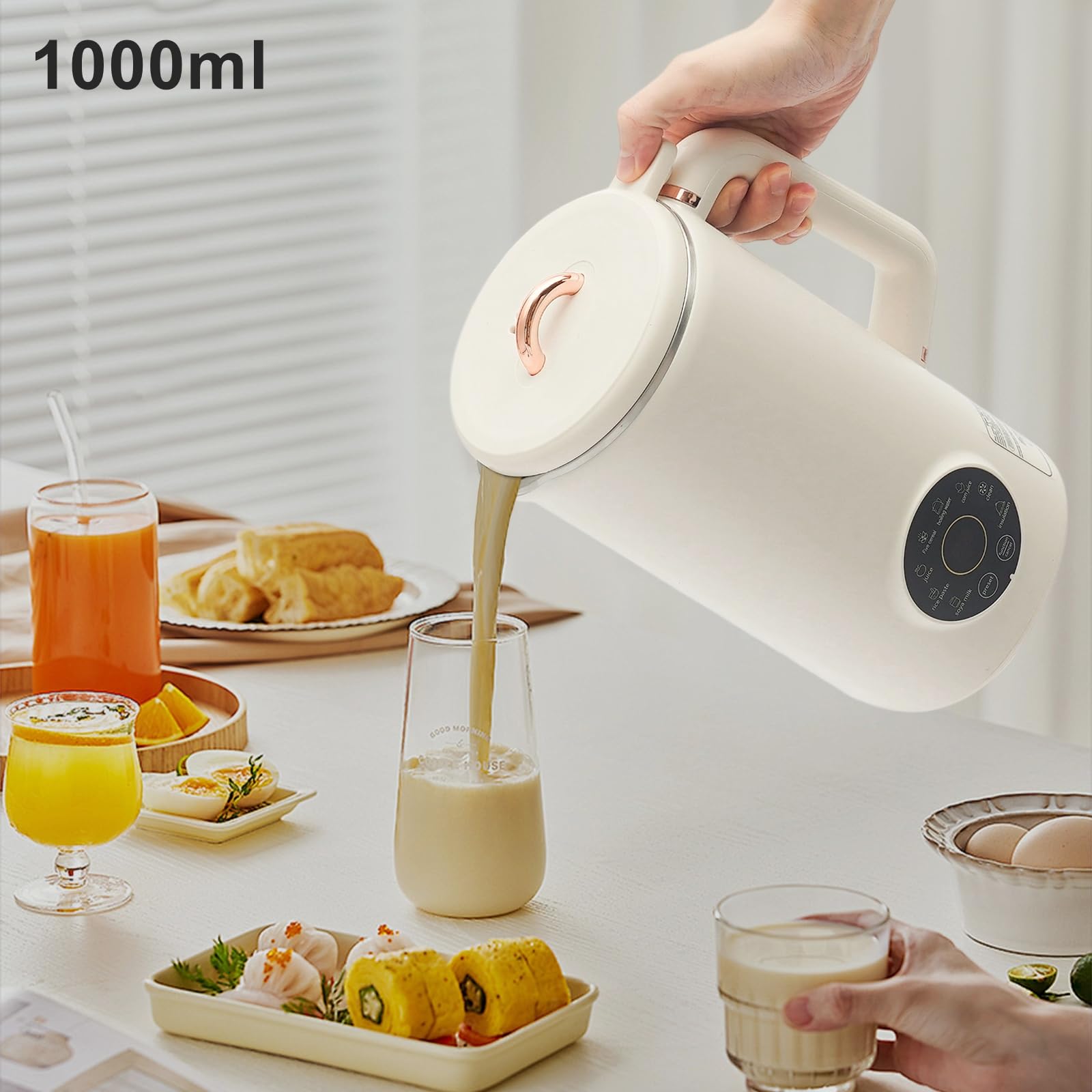 Macchina automatica per latte di soia, 1000 ml, con timer da 12 ore e autopulente, per latte d'avena, noci e frullati, contenitore interno in acciaio inox, funzione di mantenimento del calore, per 3-5