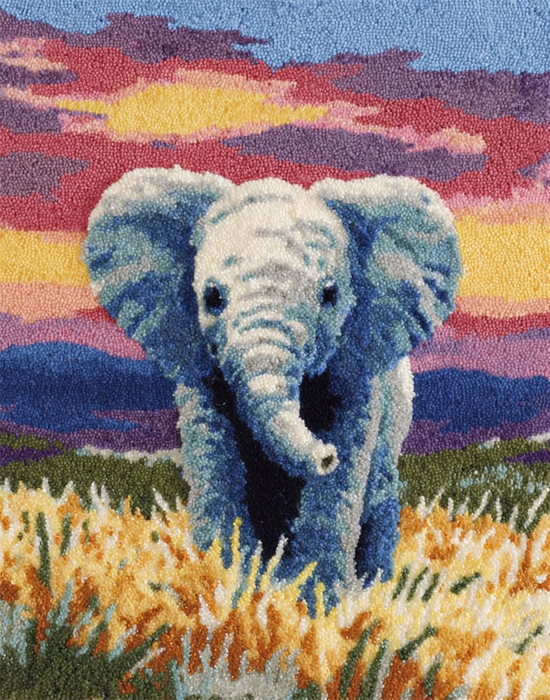 Taxpy Latch Hook Rug Kits, DIY Carpet Embroidery Kits,Baby Elephant in The Field 15X20In/52X38Cm Latch Hook Rug Needlework DIY Rugs Craft Kits for Beginners, Adults and