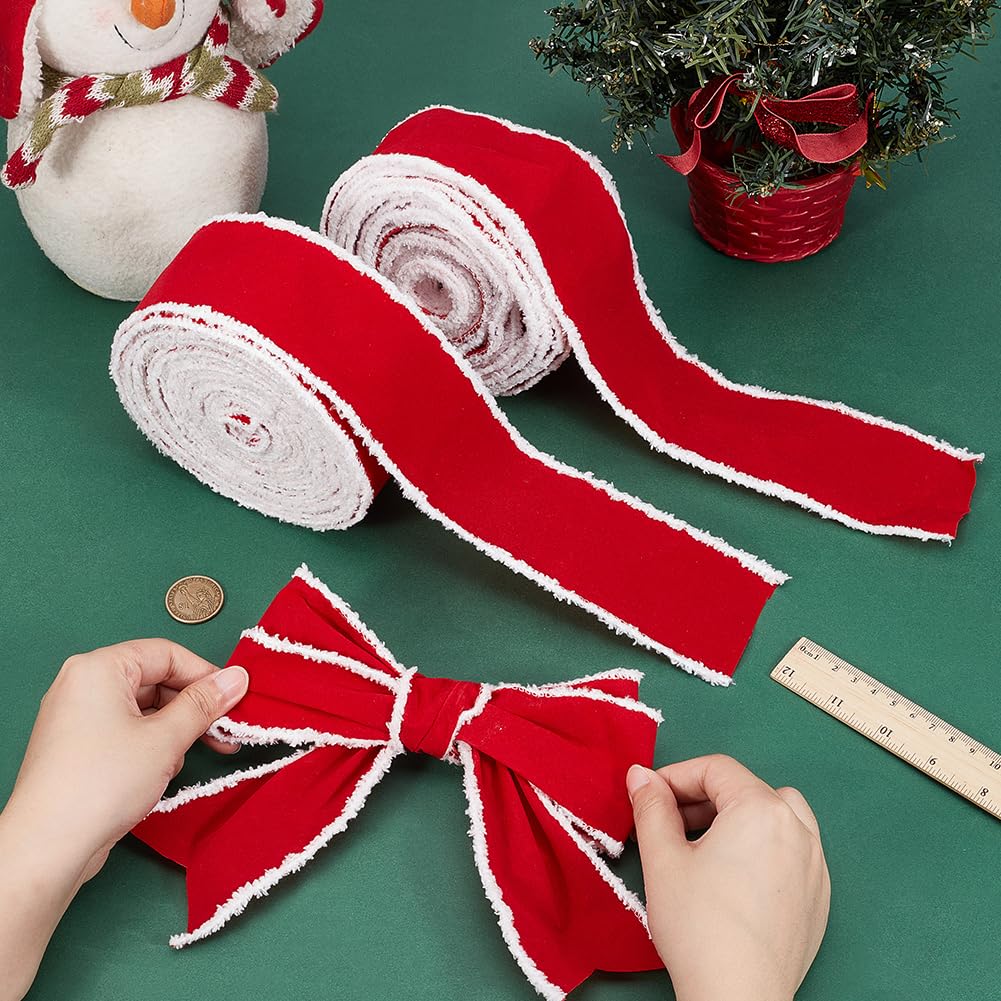 MAYJOYDIY 2 Rollen 20M Weihnachts Samt Dekorationsband 6.6cm Breites Rotes Samtband mit Draht und Weißer Schneeverwehungs Kante Weihnachtsbaum Rote Bänder für Große Schleifen Basteln Weihnachtskranz