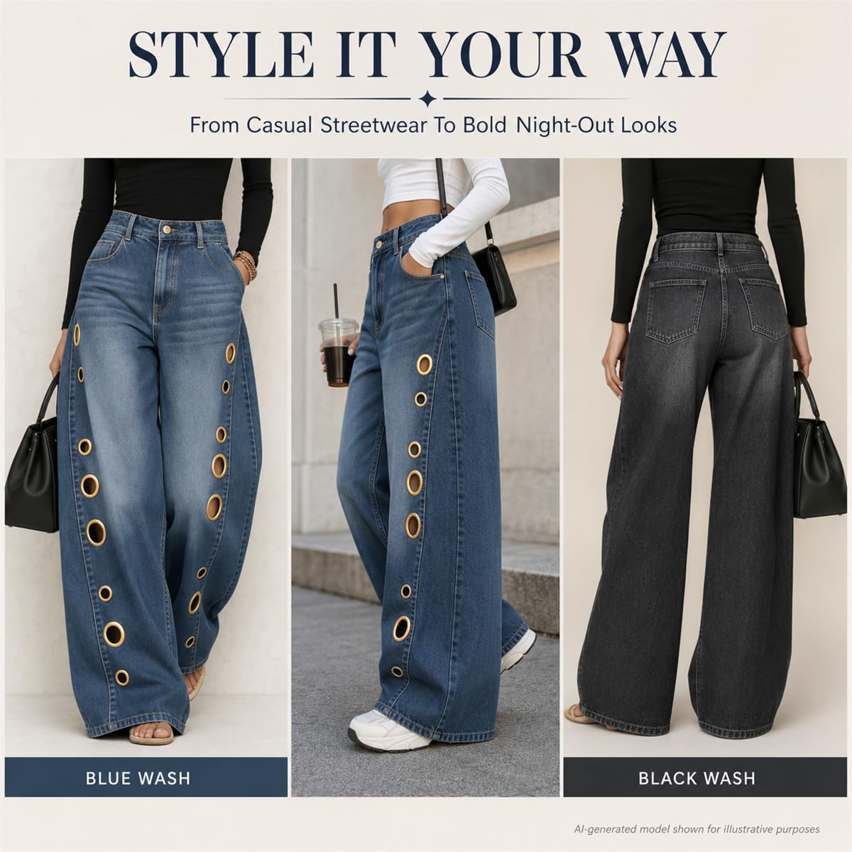 Jeans Donna con Occhielli Metallici, Vita Alta E Gamba Larga