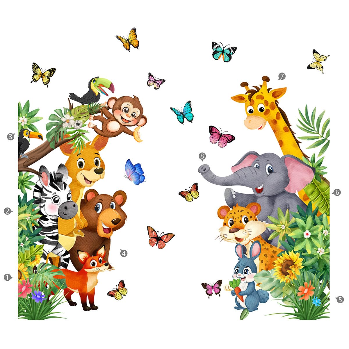Purekay Stickers Fenêtre Animaux Forêt - Girafes, Tigres, Lapins, Zèbres - Décoration Chambre Enfant Anti-UV