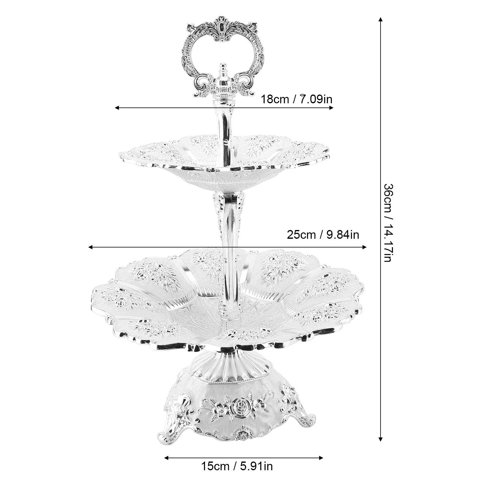 Elegante plato de servir de 2 niveles con mango conveniente para bodas y fiestas de cumpleaños, soporte de torre para pastel para un centro de mesa llamativo (Plata Blanco)