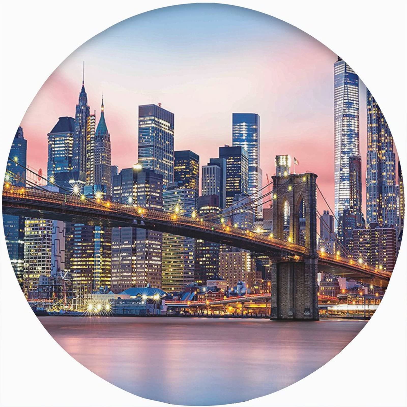 New York Decor Round Fitted Tablecloth with Elastic Edge,Brooklyn Bridge and Lower Manhattan Print Polyester Table Cover, Small, Fit Round Tables up 40