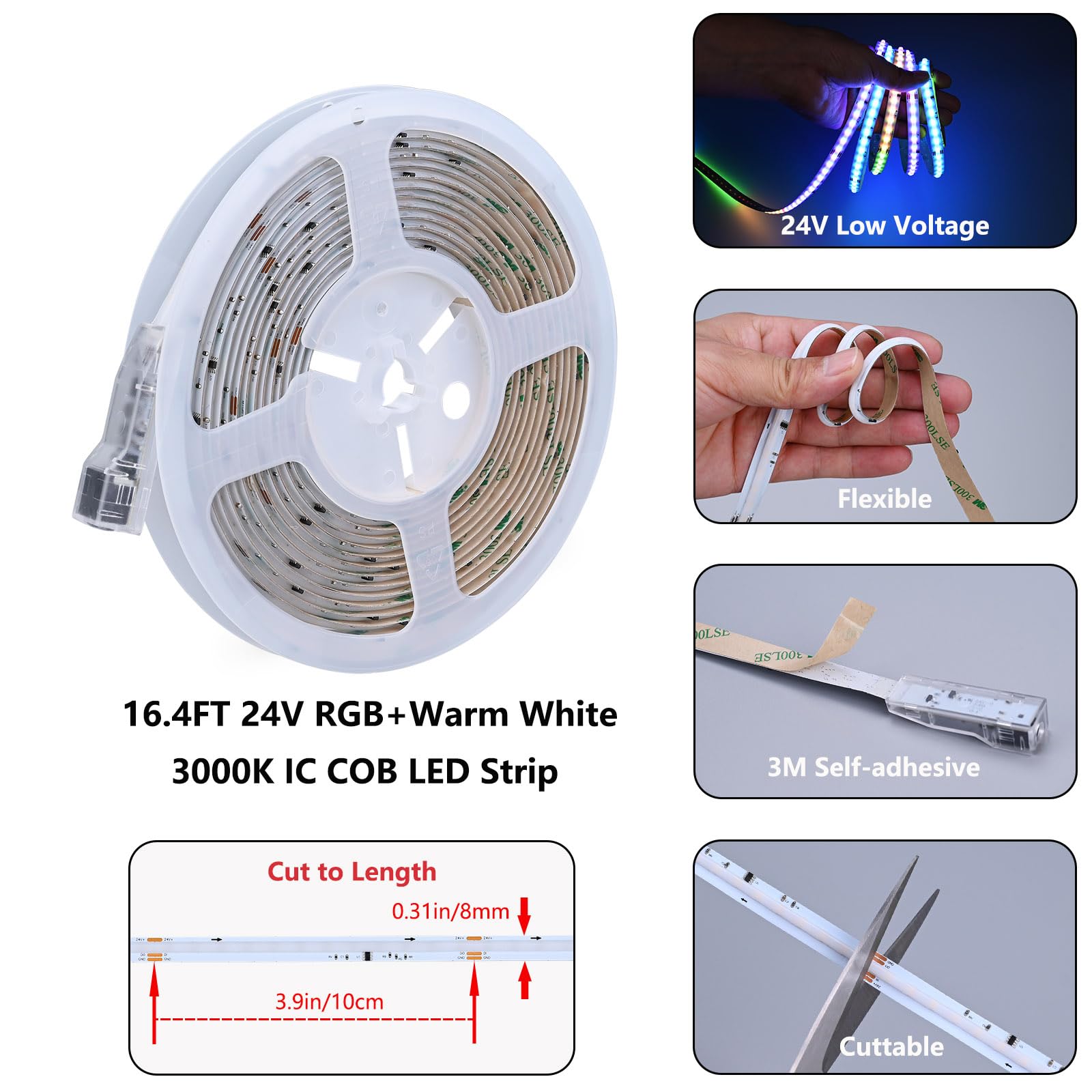 RGBW IC COB LED Streifen 3000K Warmweiß 5m 24V WS2811 Adressierbar | mit Fernbedienung Musik-Sync Timer mehrfarbigen Effekten 480LEDs/m 10mm selbstklebend schneidbar für Schlafzimmer, TV, Gaming