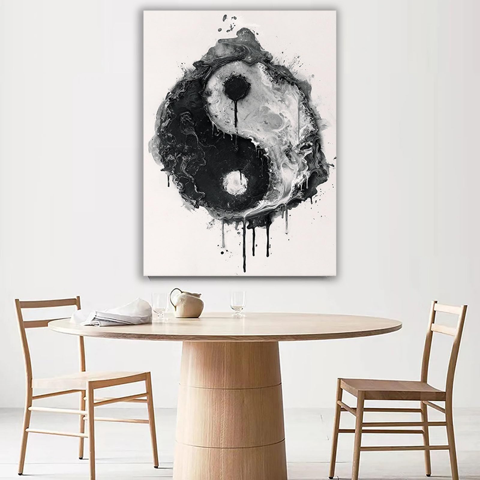 XENIOU tableau noir et blanc Peinture abstraite de Tai Chi tableau toile decoration murale, Pour salle de bain, salon, chambre, bureau, cuisine.(noir et blanc)-60x90cm Encadrée