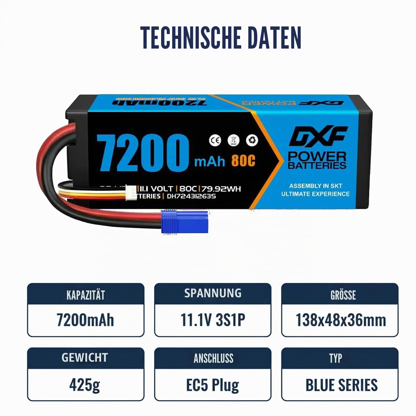 DXF 3S LiPo Akku 11.1V 7200mAh 80C Hardcase mit EC5 Stecker für RC Car Truck Auto Boot LKW Truggy Hobby 1:8 1:10 Hohe Leistung Lange Laufzeit Robust Weit Verbreitet