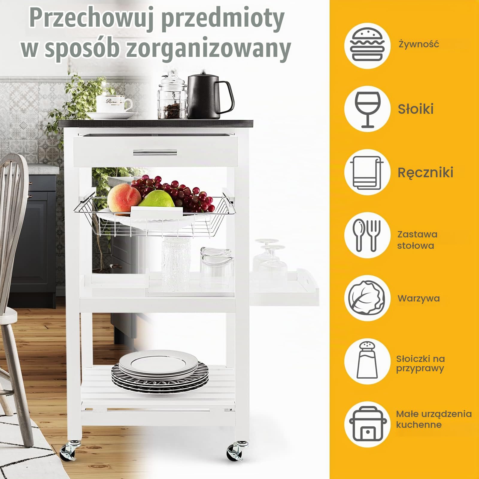 COSTWAY Mały wózek kuchenny, wózek do serwowania na kółkach, blat roboczy ze stali nierdzewnej, szuflada, kosz, wózek na kółkach, wyspa kuchenna, wózek kuchenny, styl wiejski, biały, 47 x 39 x 85 cm