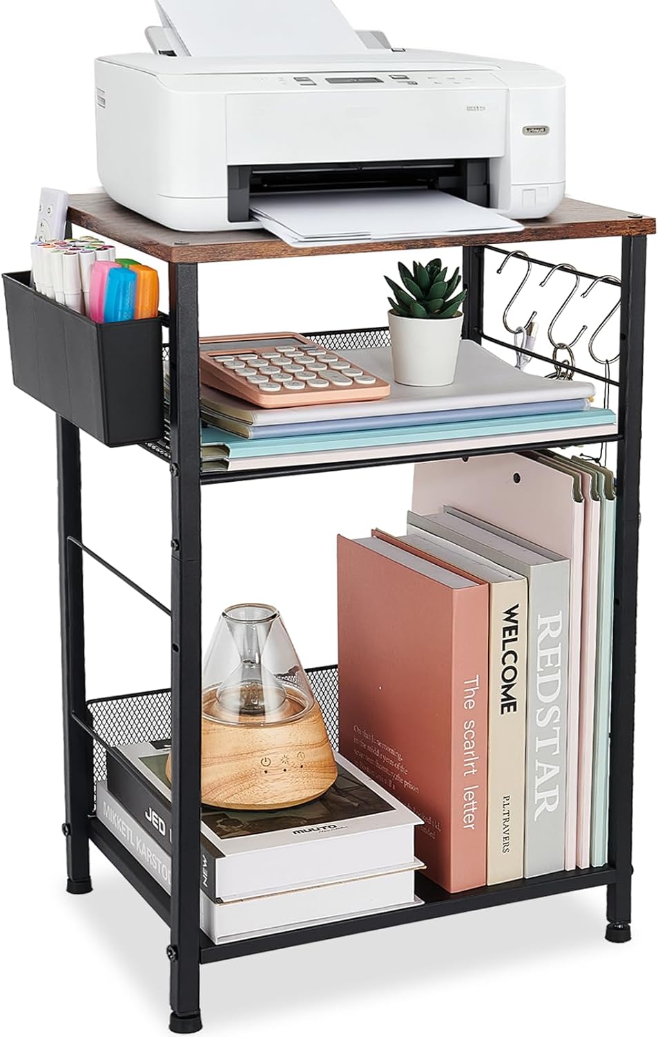 LEKETREE Small Under Desk Storage, Brown Printer Stand with Storage Shelf, 3-Tier Height Adjustable Printer Table with Basket & 3 Hooks for Home Office Fax Machine Scanner Files