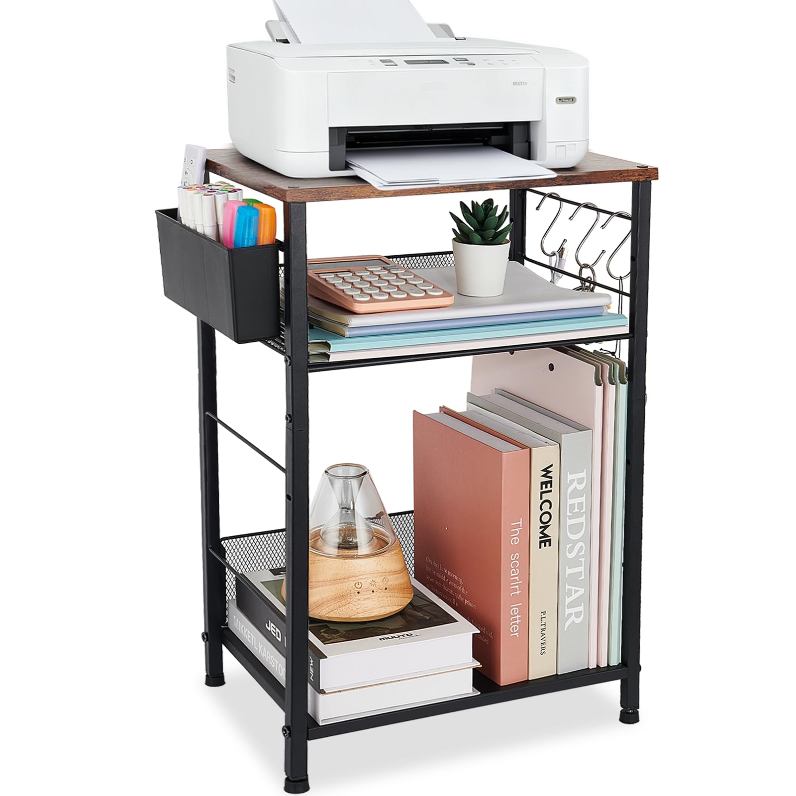 Small Under Desk Storage Brown Printer Stand with Storage Shelf 3-Tier Height Adjustable Printer Table with Basket 3