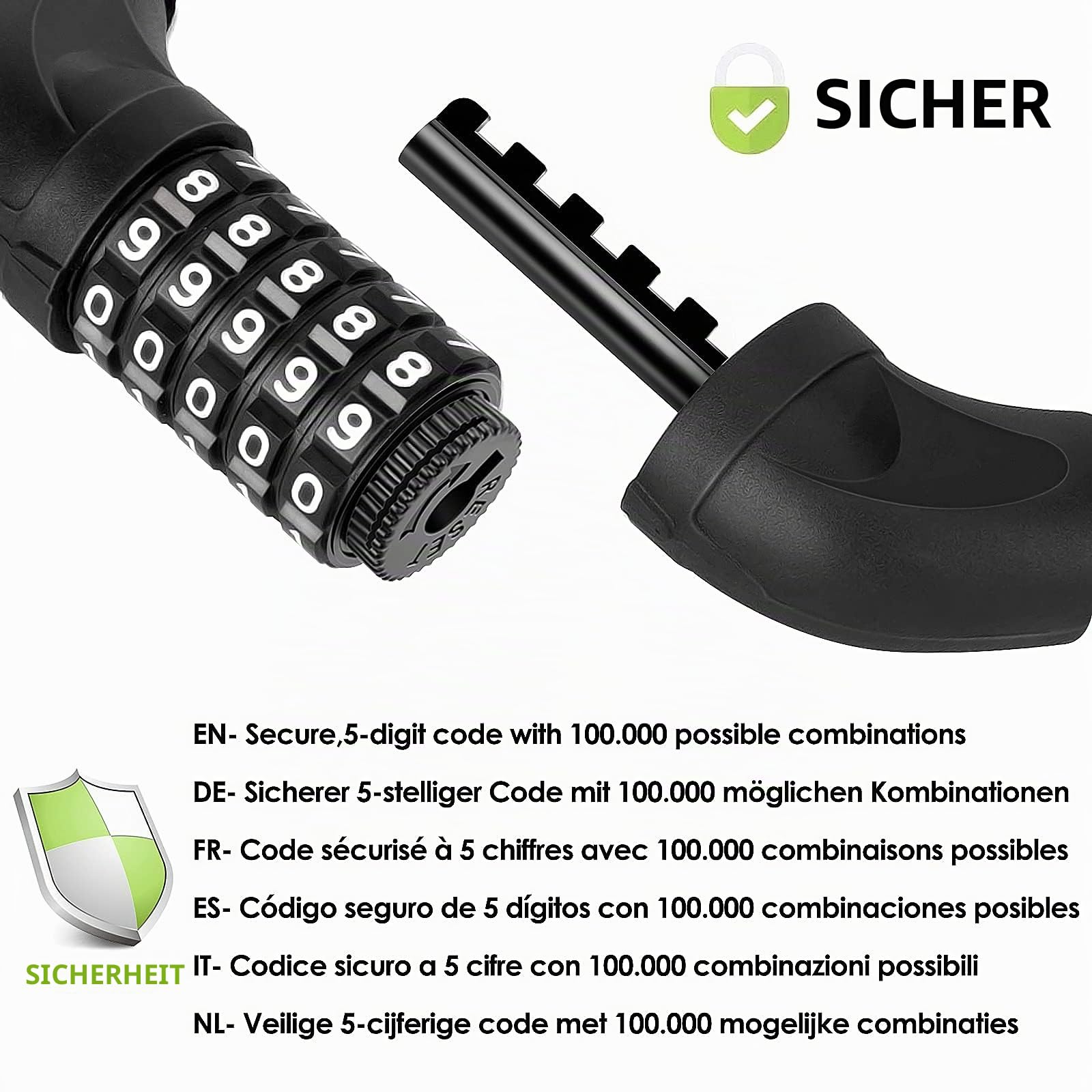 SPGOOD Bicycle Lock (14 Colours) with Numbers and High Security Level, Bicycle Chain Lock, Number Code Combination Lock, Hardened Steel Chain Links, 