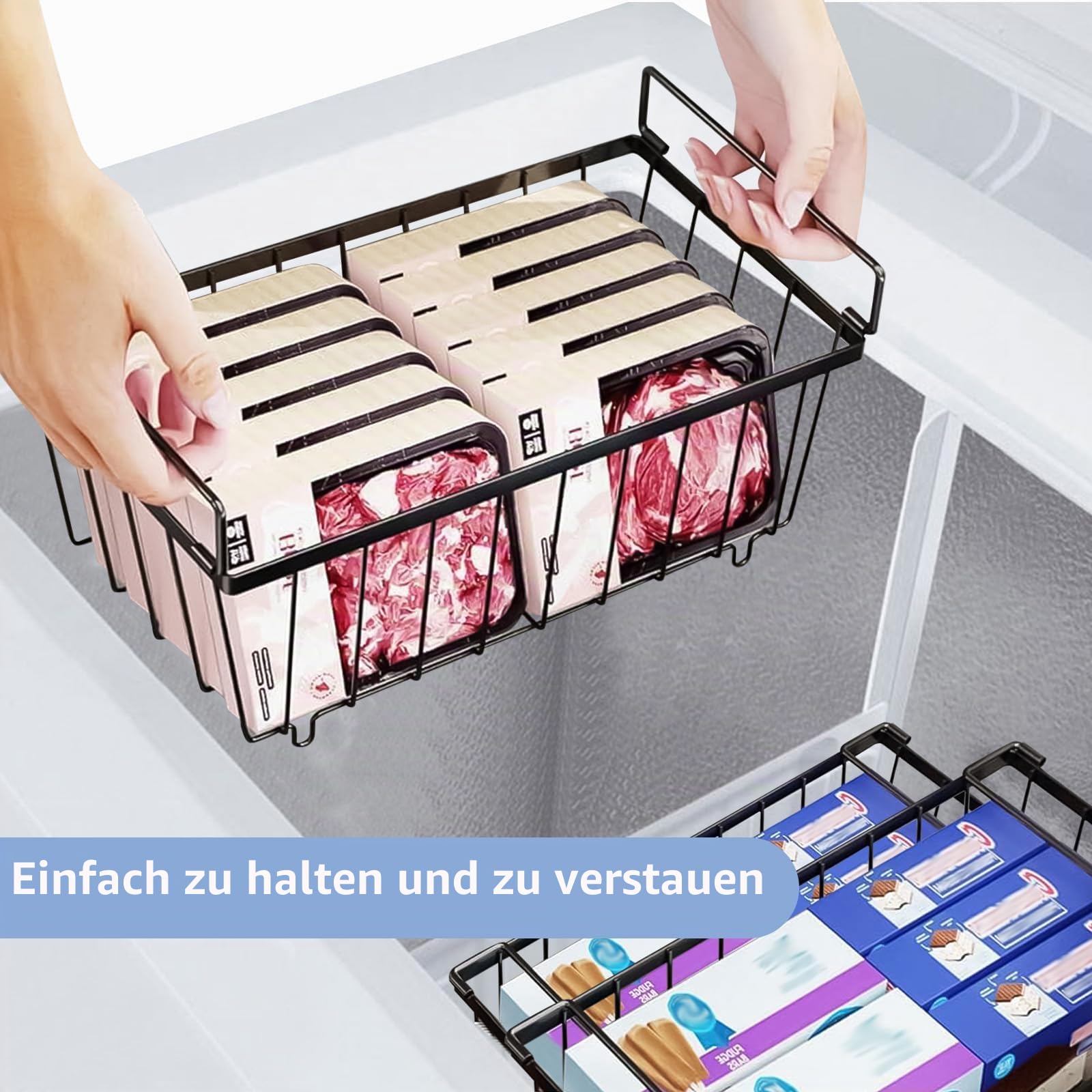 3 Stück Gefriertruhe Korb,Metall Gefrierschrank Organizer Stapelbare Drahtkörbe Mit Griff Und Rutschfestem Boden Drahtkorb ,Gefriertruhe Organizer für 5-7 Cu.Ft Kühlschrank,37.2X18X14cm(Schwarz)