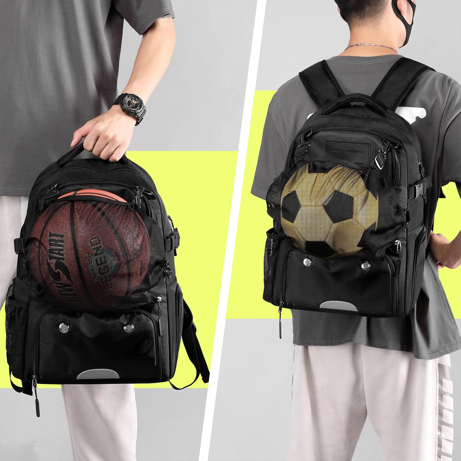 Sac à Dos de Basket-Ball, Sac à Dos avec Compartiment Ballon, Compartiment Chaussures, Capacité 30L, Léger et Respirant, pour Hommes et Femmes Adolescents, Basketball, Football, Noir