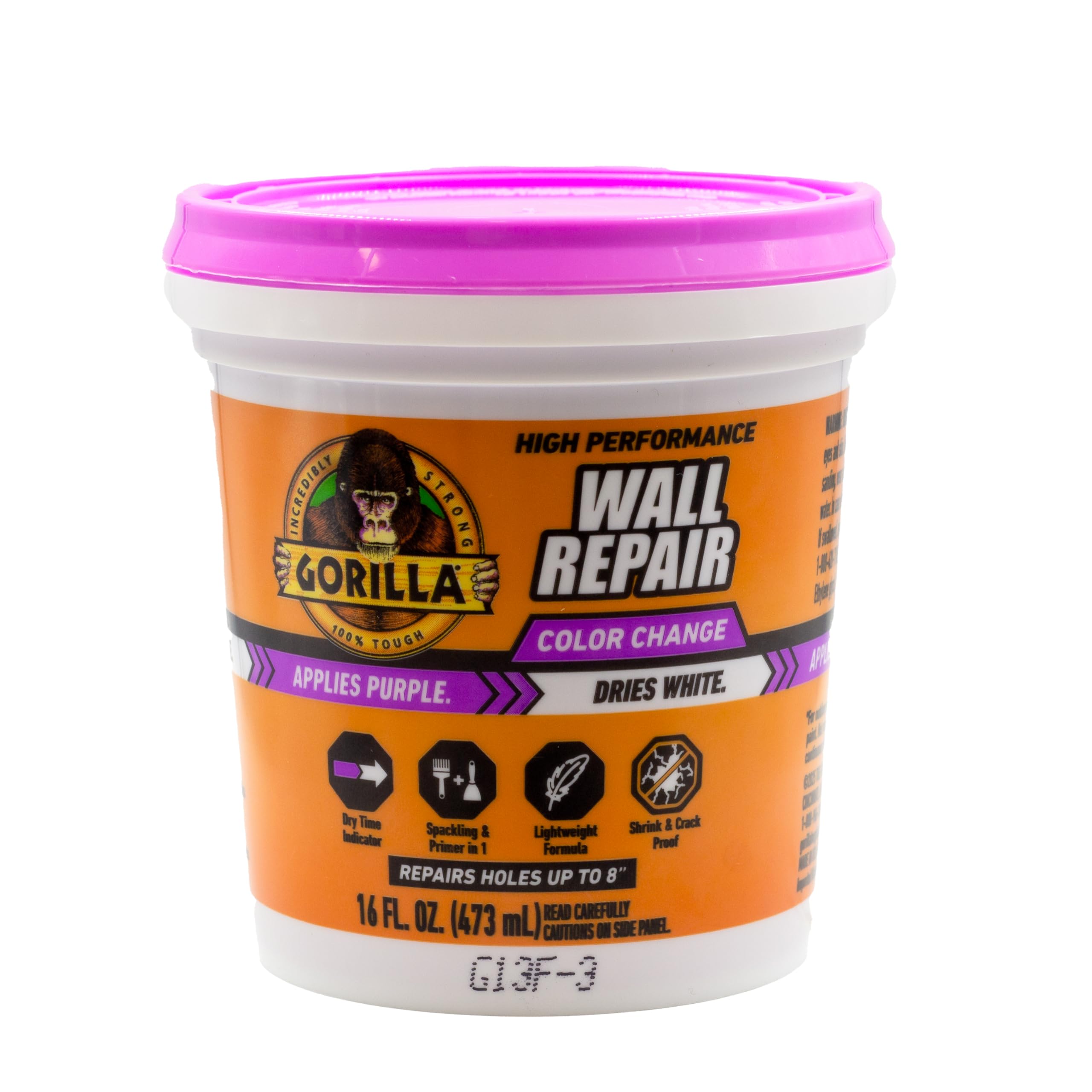 Gorilla High Performance Wall Repair Color Change, 16 Ounce Tub, Applies Purple, Dries White – Spackling & Primer in One, Shrink & Crack Resistant