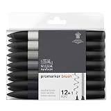 Winsor & Newton 0290144 ProMarker Brush do rysunków, kaligrafii, projektowania i layoutów, rysowanie bez smug dzięki klinowej i pędzelkowej końcówce - Neutral tones 12+1 Set