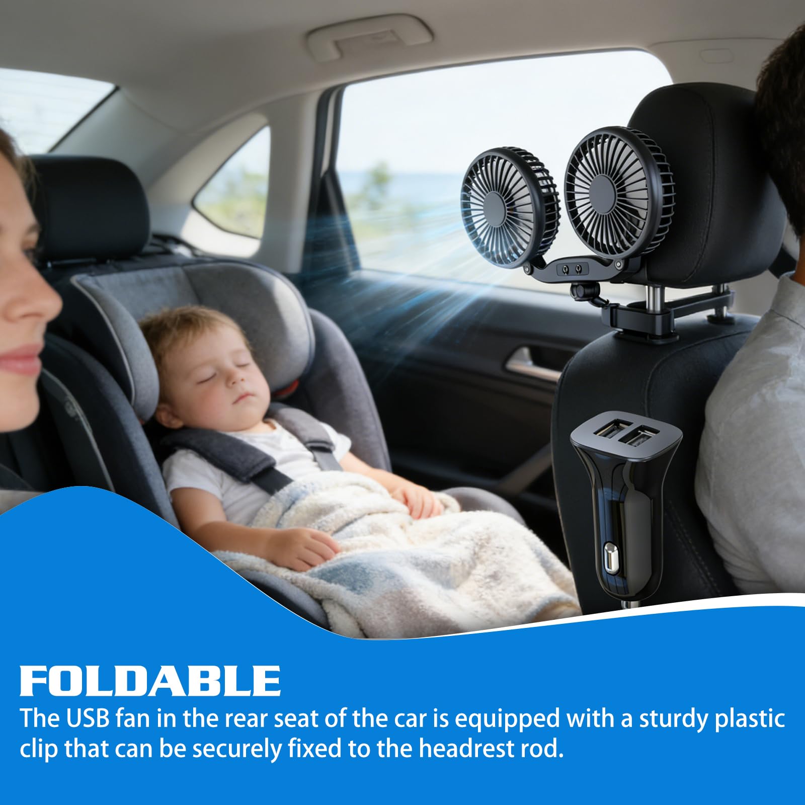 Ventilatore per auto per sedile posteriore, ventilatore USB per auto da 12V con caricabatterie per auto e cavo, ventilatore per auto a raffreddamento ad aria girevole a 360° a 3 velocità, ventilatore