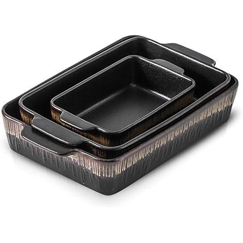 Bakeware Set, Ceramic Baking Dish, Rectangular Baking Pans Set, Casserole Dish for Cooking, Cake Dinner, Kitchen 9 x 13 Inches, 3-Piece, Stripe Series (Rough Black)