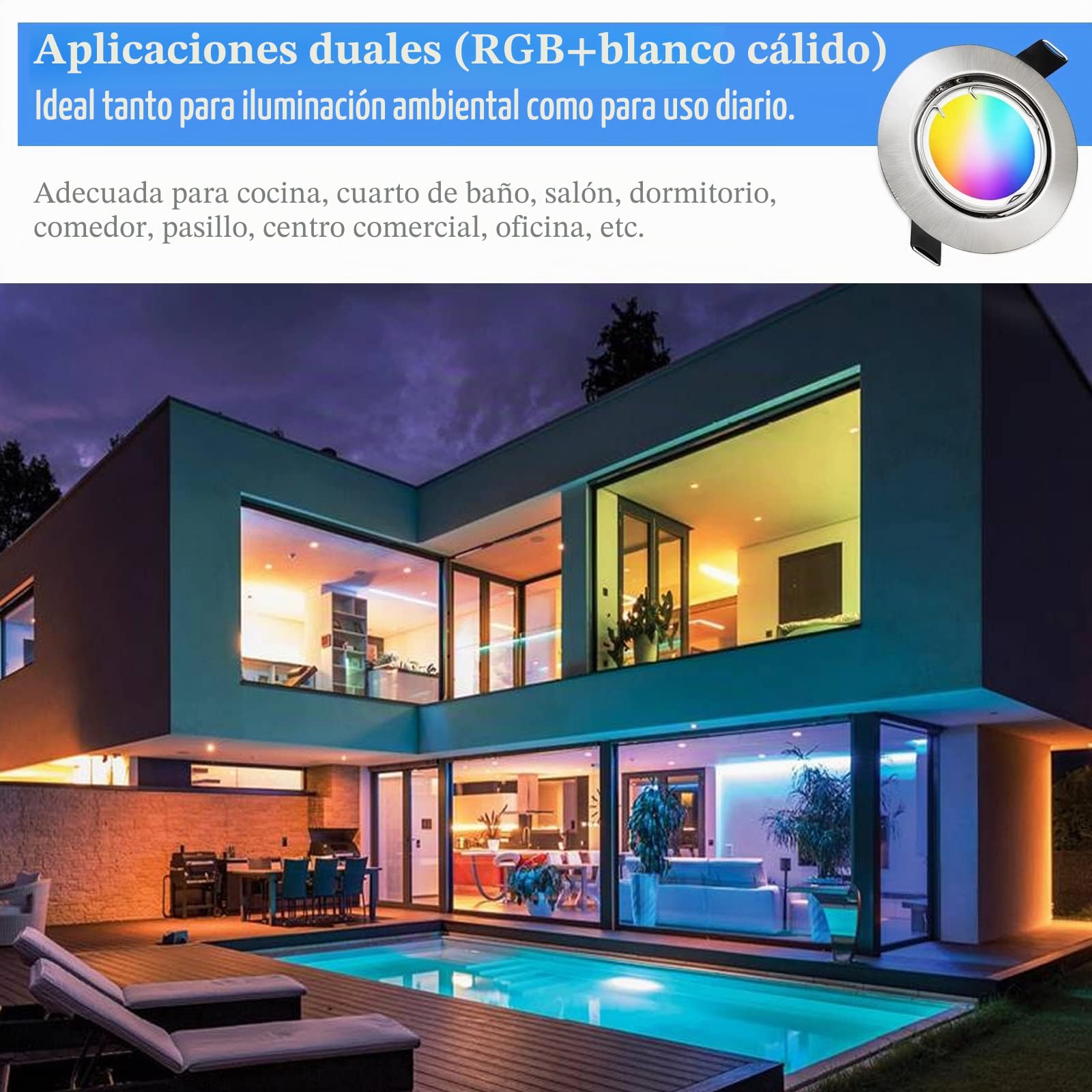 KYOTECH Foco Empotrable LED RGB Giratorio 5W Blanco Cálido 3000K Cambio de Color Downlight led techo 400LM Regulable con Control Remoto Plafon LED Techo Ángulo de Luz 120°Foco Empotrable 6 piezas
