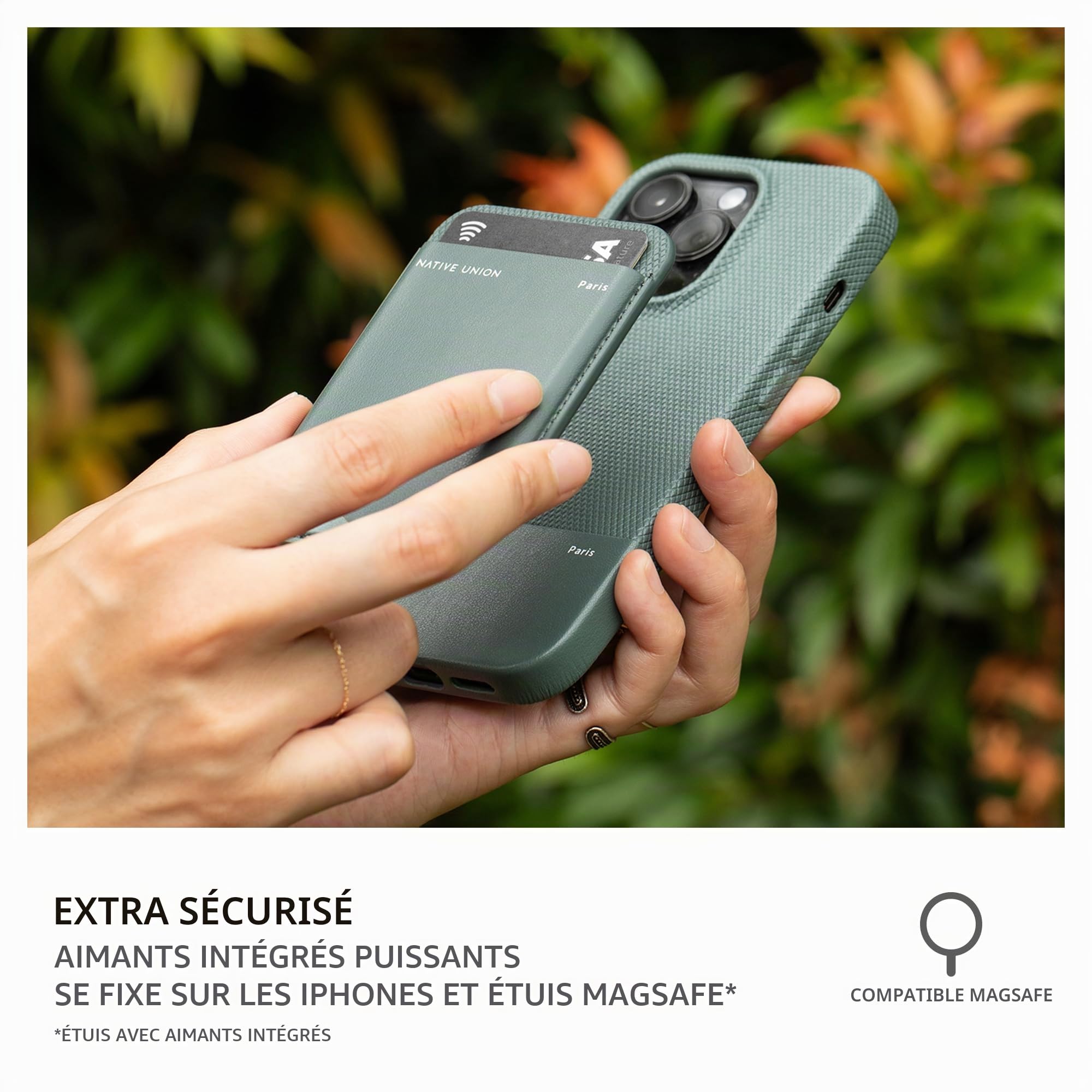 Native Union (Re Classic Wallet | Magnétique – Porte-Cartes MagSafe pour iPhone Air, 17, 16, 15 – Ultra sécurisé & Extra Fin – Stocke 3 Cartes – Matériaux durables & recyclés (Vert Ardoise)