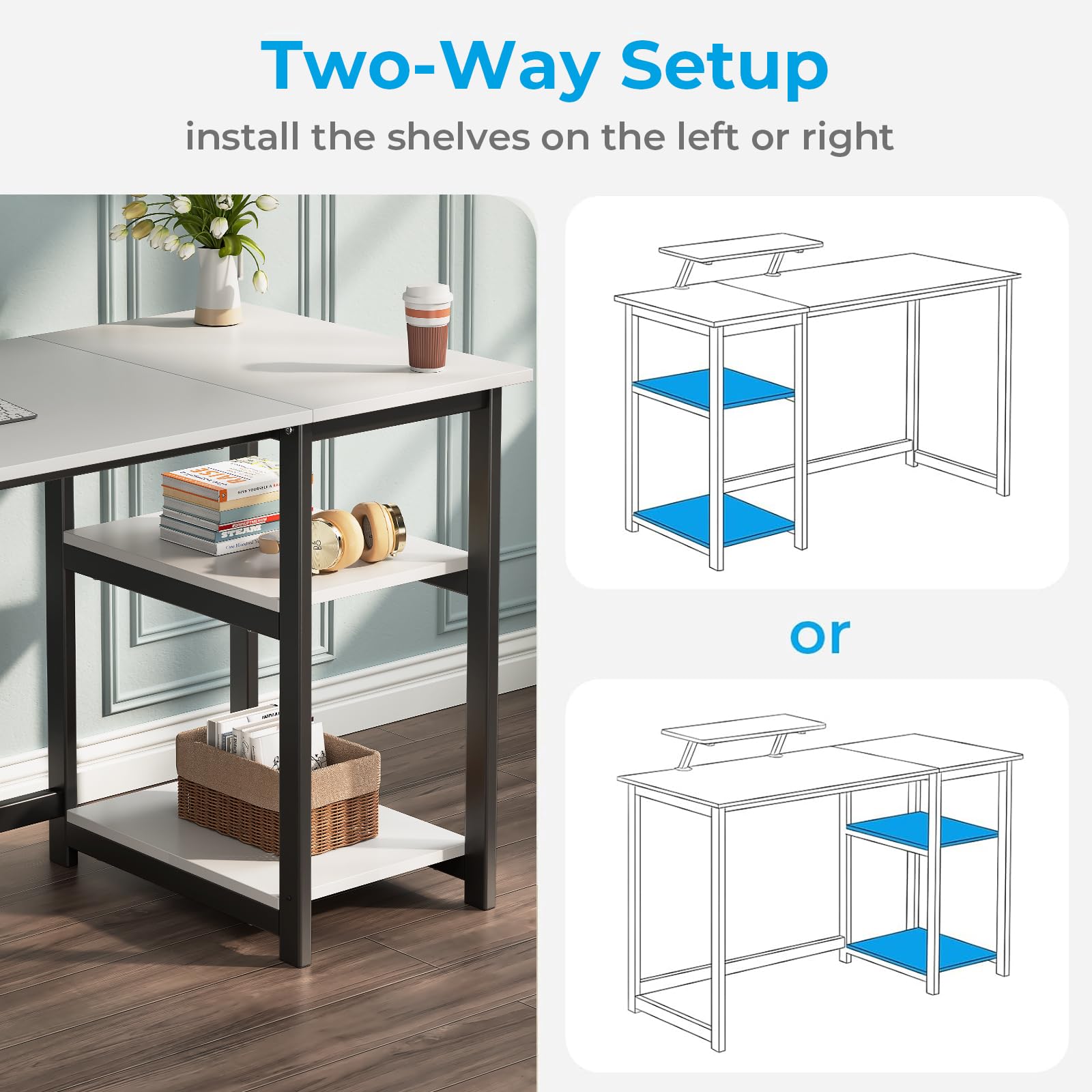 GreenForest Computer Home Office Schreibtisch mit reversiblen Speicherregalen 100cm Kleiner mit justierbaren Regalen für kleine Räume,Schlafzimmer,Student, moderner PC Laptop Tisch,weiß