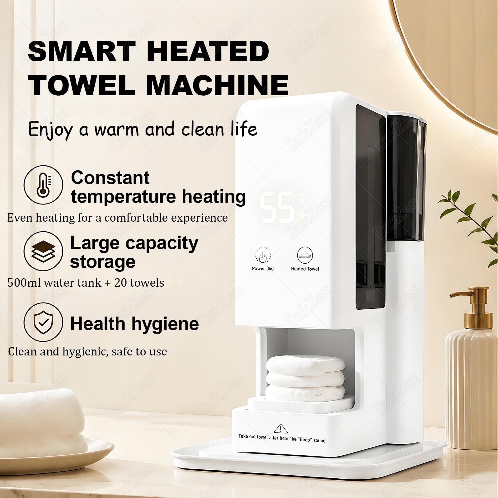 Dispensador automático de toallas calientes, calentamiento rápido de 5 segundos, temperatura constante de 55 °C, alertas de voz inteligentes para spa, hogar, gimnasio, salón y tienda de mascotas, 60