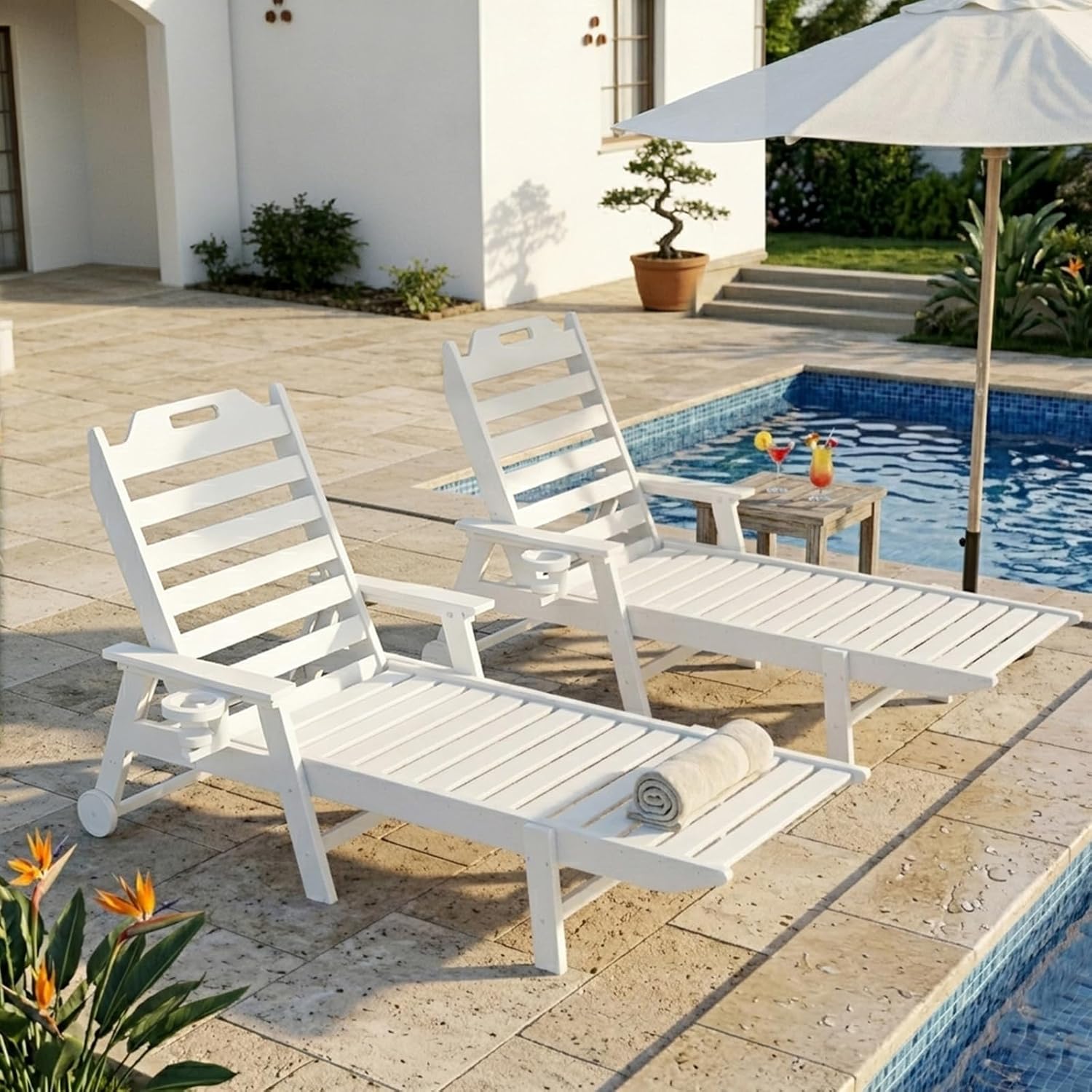 Mdeam 6-Position Pool Lounge Chairs Set of 2, 22" W Oversized Sun Tanning Chair, 500LBS Capacity, HDPE All-Weather Patio Lounge Chaise with Wheels Cup Holder for Pool Beach Backyard Deck, White