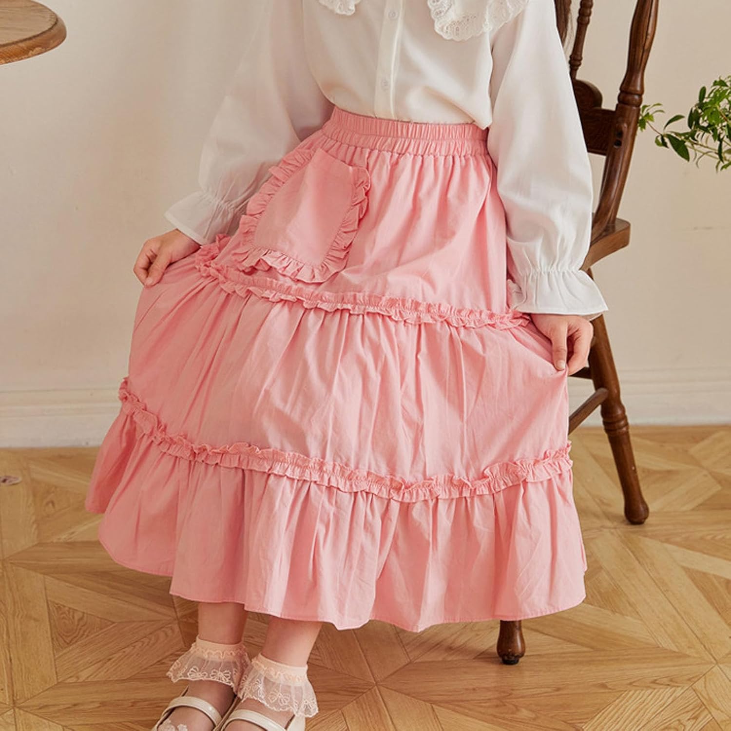 Tiered Maxi Skirt Girls 2026 Elastic Waist Long Skirts Ruffle Hem Pocket Swing Bottom Casual Boho Cute Pull On