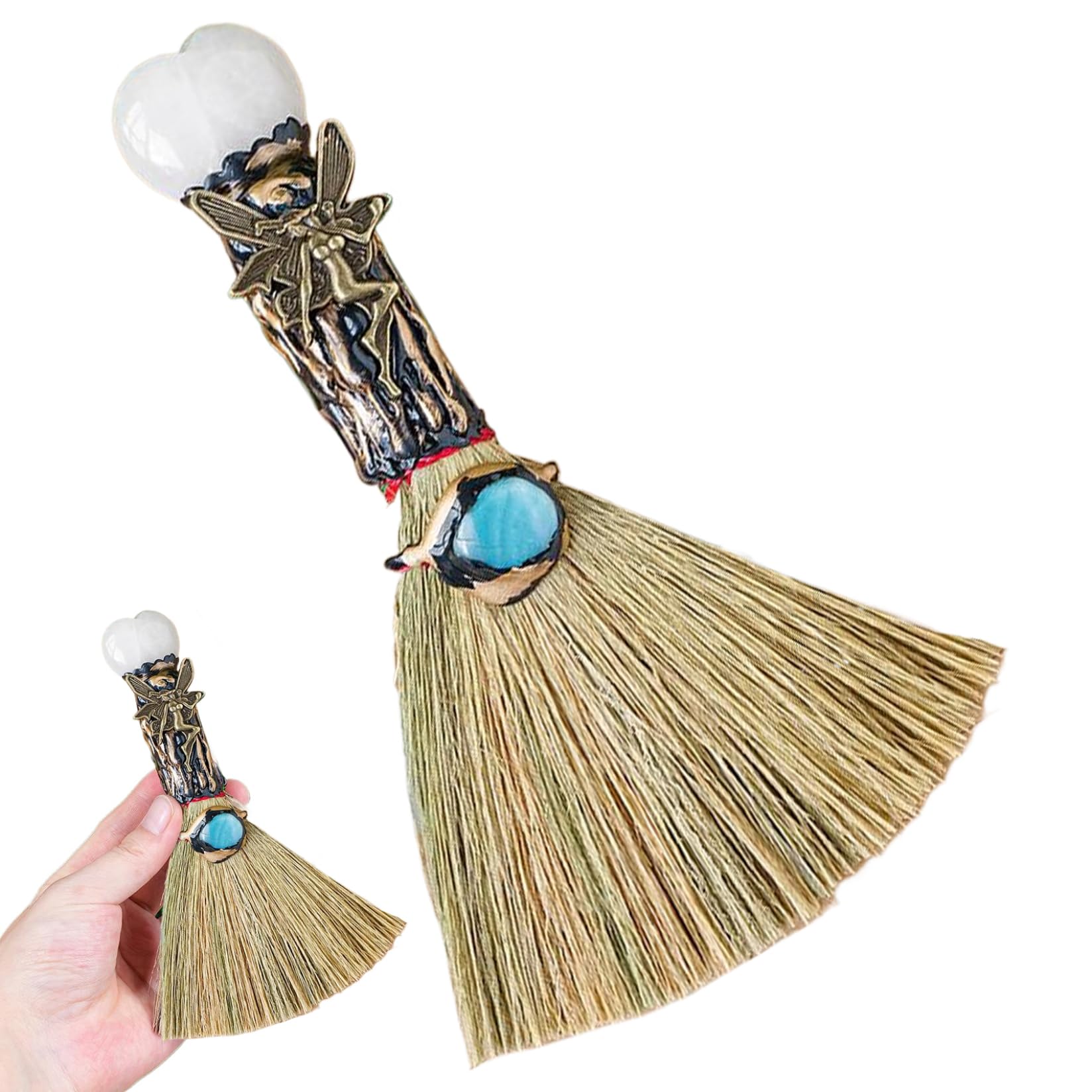 Wedhapy Halloween Witch Decor Halloween Witch Broom, Crystal Wiccan Altar Broom, Broomstick with Heart-Shape Crystal, Decor for