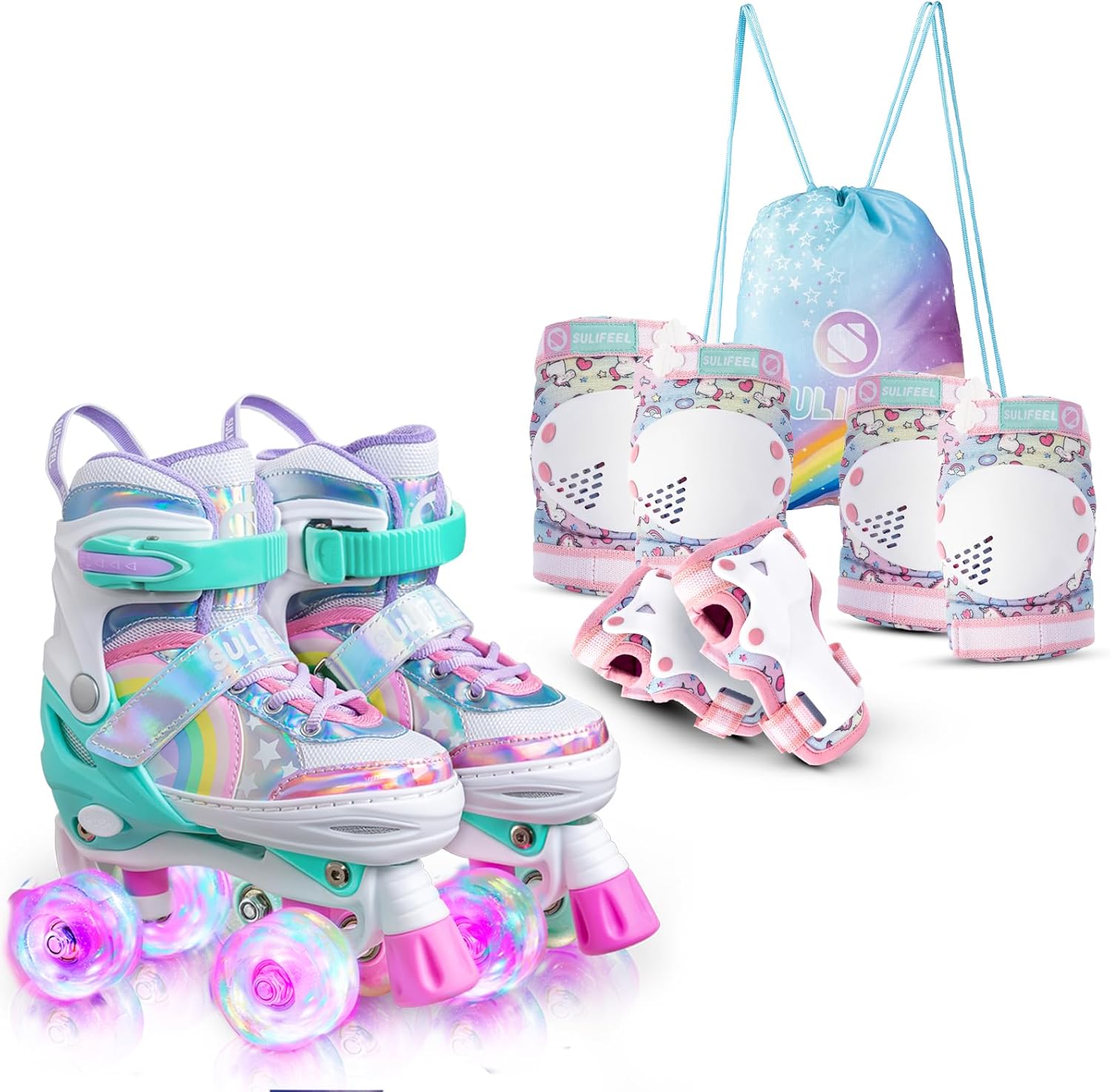 SULIFEEL Rainbow Unicorn Roller Skates for Kids with Adjustable Protective Gear Set Dazzle Small