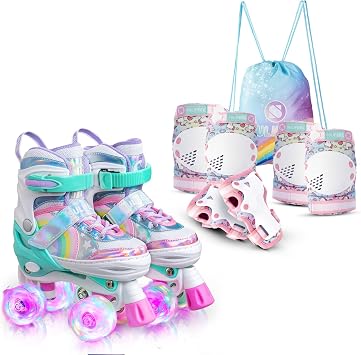SULIFEEL Rainbow Unicorn Roller Skates for Kids with Adjustable Protective Gear Set Dazzle Medium