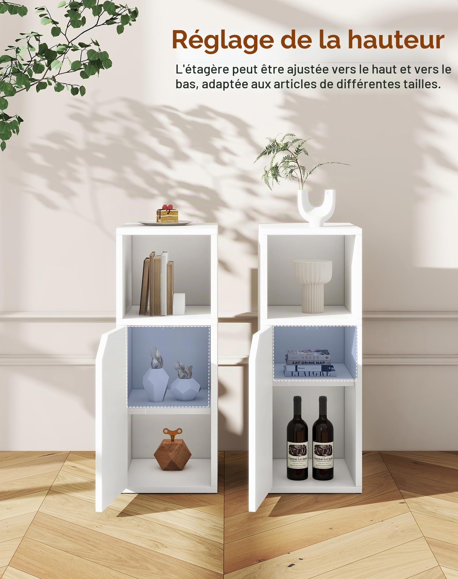 YMYNY Lot de Tables de Chevet Étroite, Table d'appoint, Compartiment Ouvert, Porte à Angle Biseauté, Plateau Réglable, L24 x P29 x H62 cm, en Bois, pour Chambre, Salon, Blanc HST016W-2