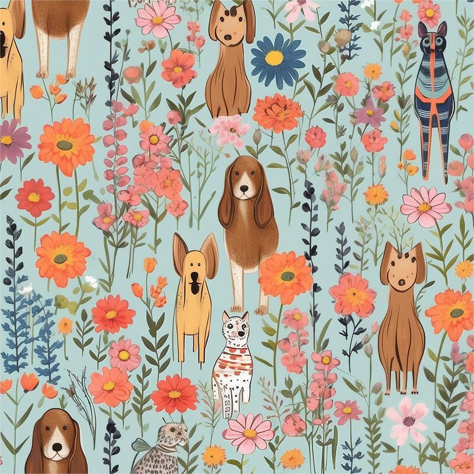 REDAMANCY Colorful Blue Wildflowers Dog Garden Flower Peel and Stick Wallpaper Stick on Contact Paper Vintage Wall Paper Easy Peel Off for nightstand Drawer Cabinet Renter