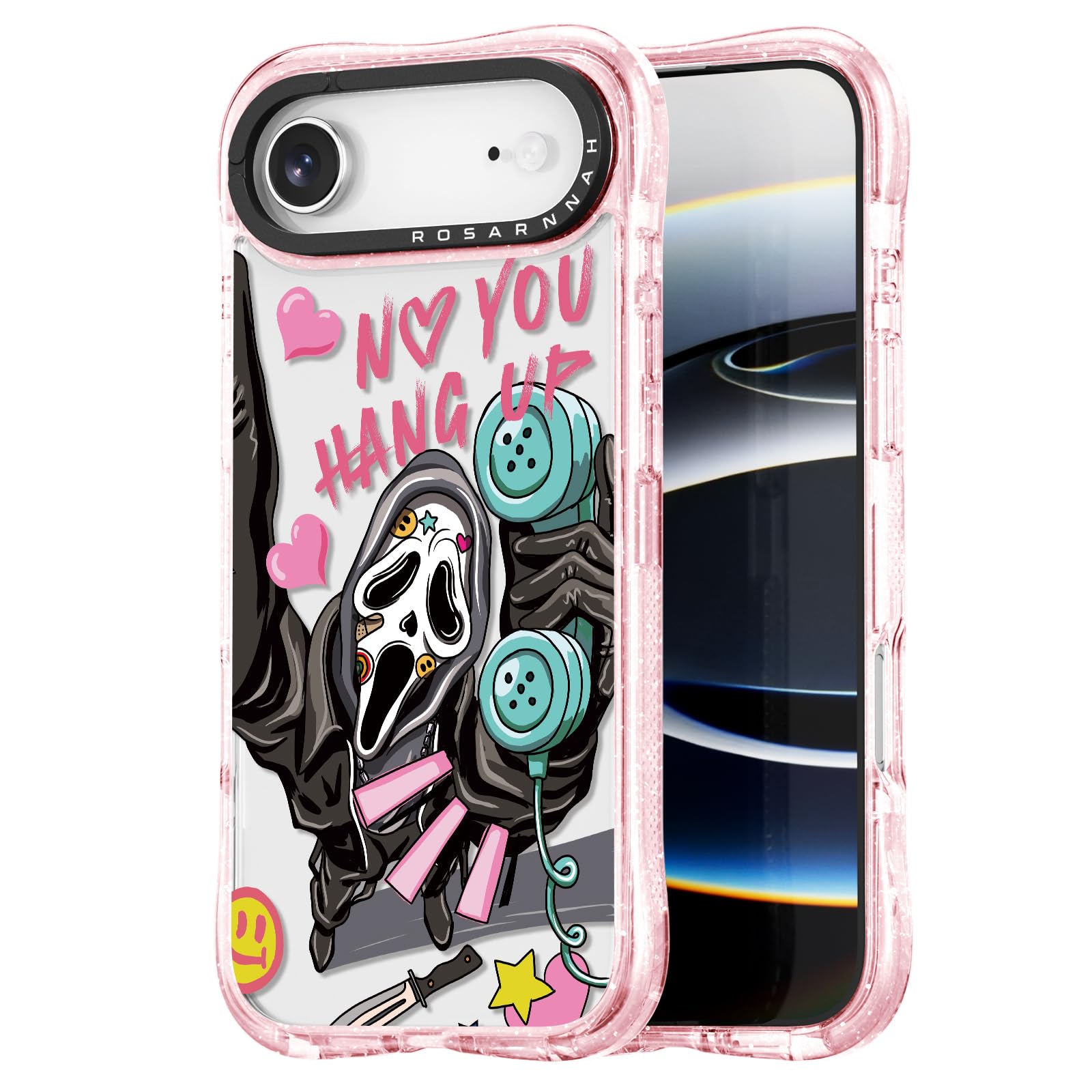 Rosarnnah 17GPR - Bonita funda compatible con iPhone Air, protección contra caídas de grado militar de 20 pies, a prueba de golpes, diseño de esqueleto divertido rosa con purpurina para iPhone Air