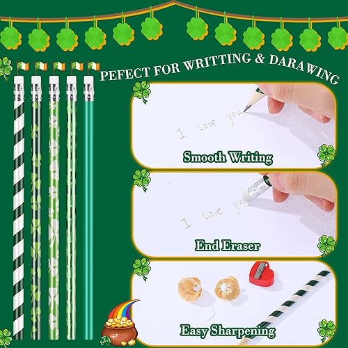 Miniatura 6 de Spakon 50 lápices para el día de San Patricio con borrador, diseño de trébol verde, lápices de recompensa para el día 100 de fiesta, suministros de