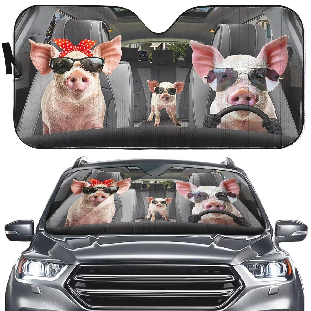 Personalized Foldable Windshield Sun Shade Funny for Car Truck & SUV Pig Driving Auto Front Windshield Sunshade Protector Blocks UV Rays and Keep Vehicle Cool(57x27.5 Inches)