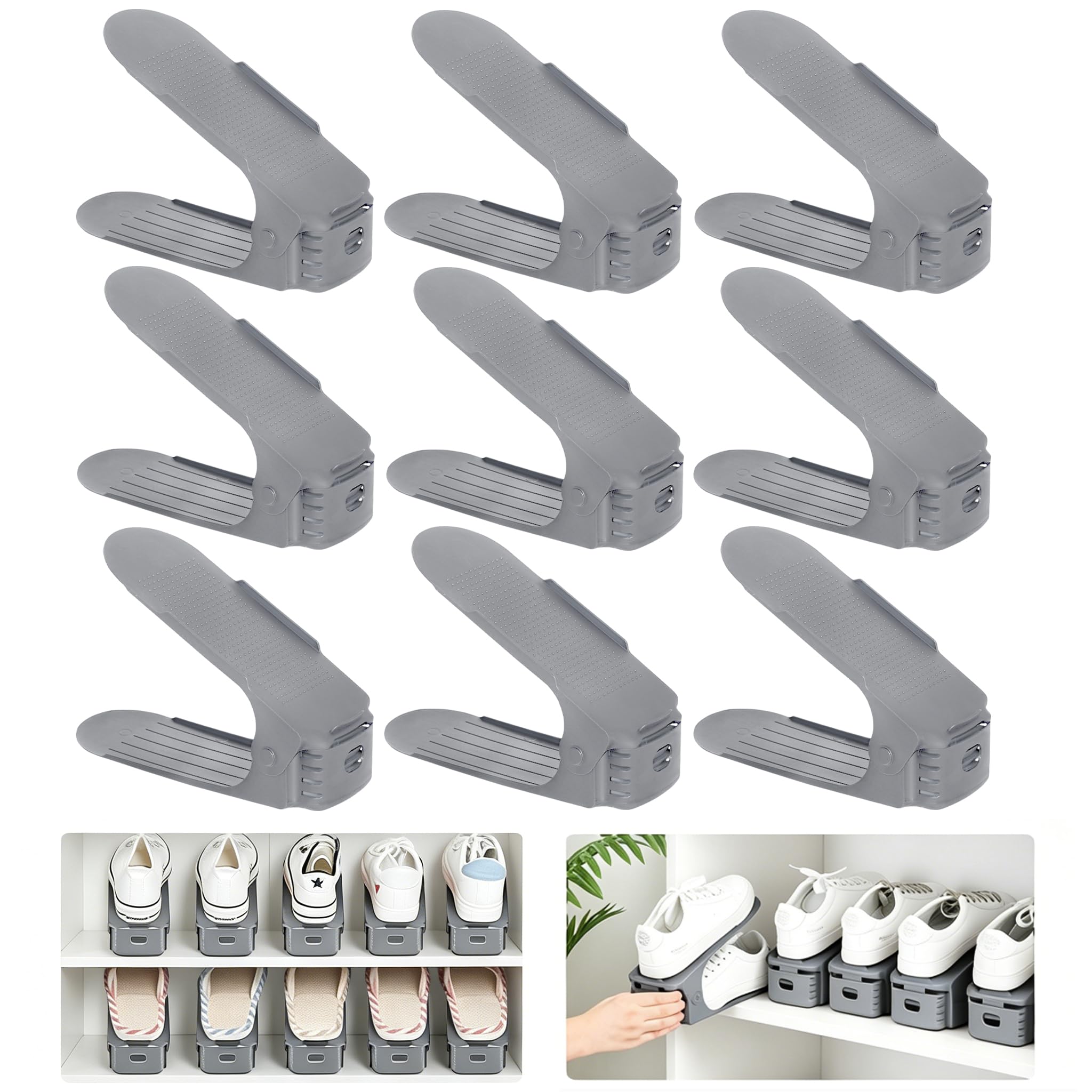 Yunvin Shoe Slots, Pack Of 20 Adjustable Shoe Stacker Storage Organiser with 3-Level Height, Space Saving and Non-Slip, Shoe Holder Set, Plastic, Grey