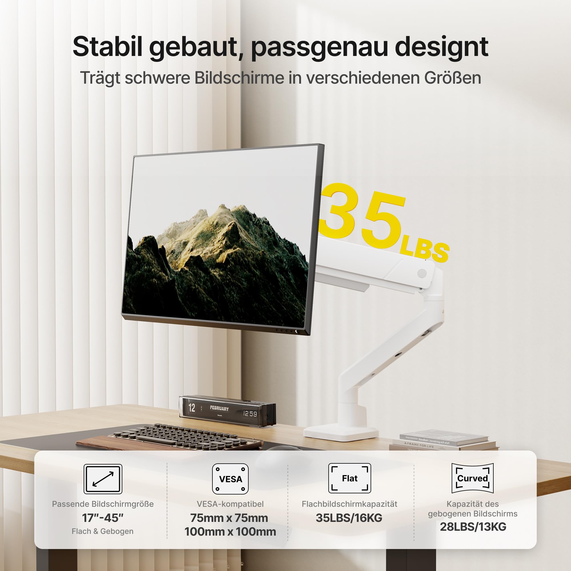 monTEK Uchwyt do monitora do ekranów 17-45 cali | ramię monitora utrzymuje 1-16 kg, VESA 75/100, uchwyt do monitora z pochyleniem, wychylenie, obracanie, biały