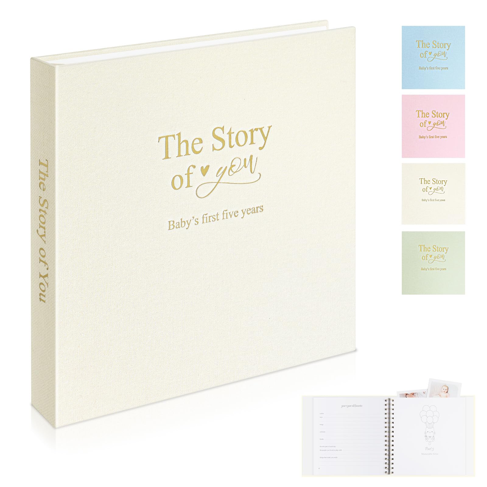 Timeless First 5 Years Keepsake Baby Memory Book para niño o niña, cubierta de lino de lujo, páginas libres de ácidos, diario neutro para bebé, libro de hitos o álbum de recortes, graba tu historia