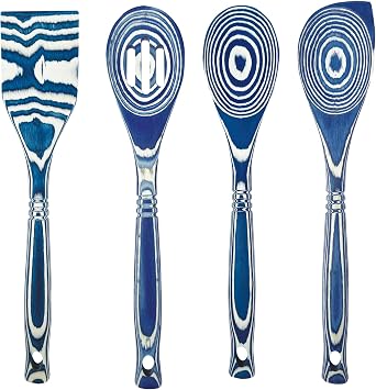 4 Piece Pakkawood Cooking and Serving Utensil Set, Corner, Slotted, Spoon, Spatula, Blueberry