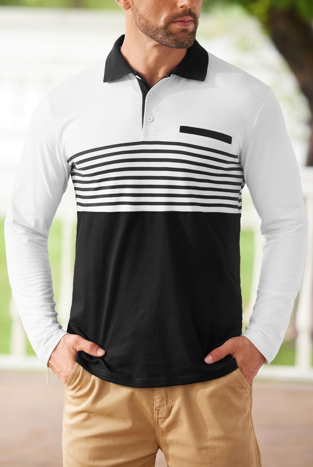 VOGSTART Mens Striped Golf Polo Shirts Color Block Long Sleeve Casual Shirt (S-XXL) - Image 4