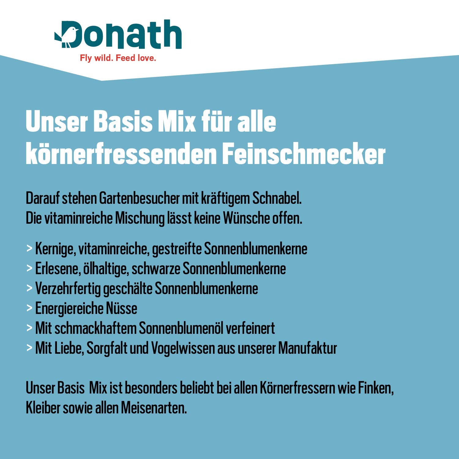 Donath Basis Mix - die vitaminreiche und körnige Mischung - für alle körnerfressenden Feinschmecker - wertvolles Ganzjahres Wildvogelfutter - aus unserer Manufaktur in Süddeutschland - 20 Kg