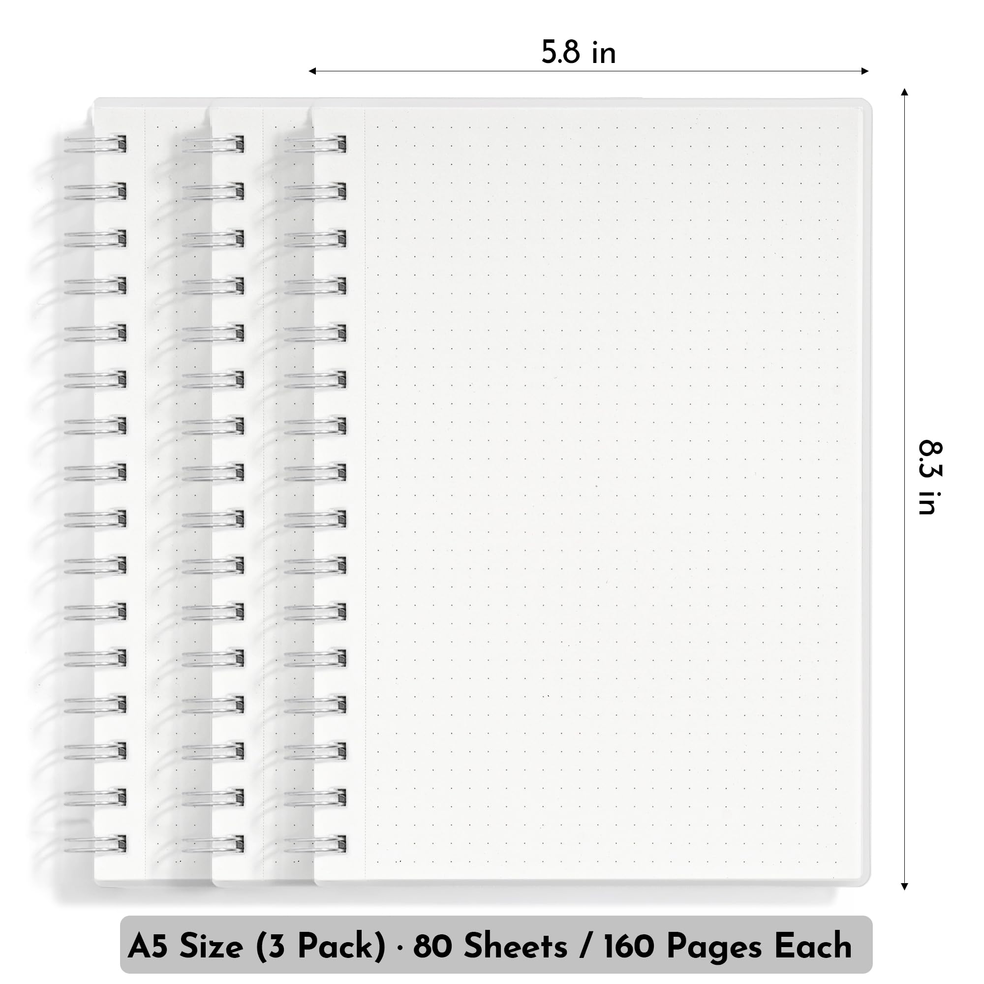 Lot de 3 carnets A5 à grille à spirales, 160 pages blanc ivoire de 100 g/m², papier épais, couverture translucide givrée imperméable, couverture translucide, journal perforé détachable