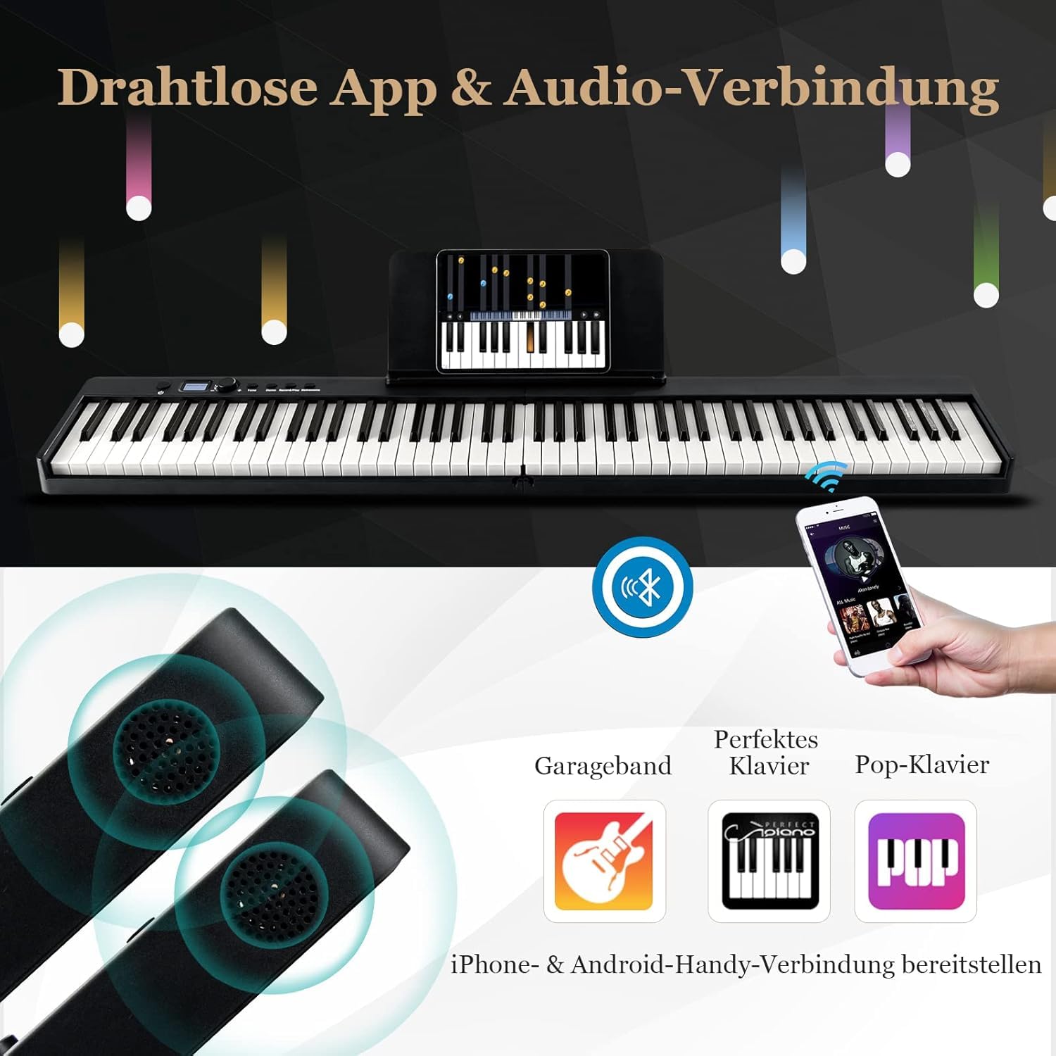 FANTASK 88 tastiere pieghevoli pianoforte elettronico tastiera digitale portatile (128 ritmi, 128 toni e 20 demo) set pianoforte digitale per bambini e adulti (nero)