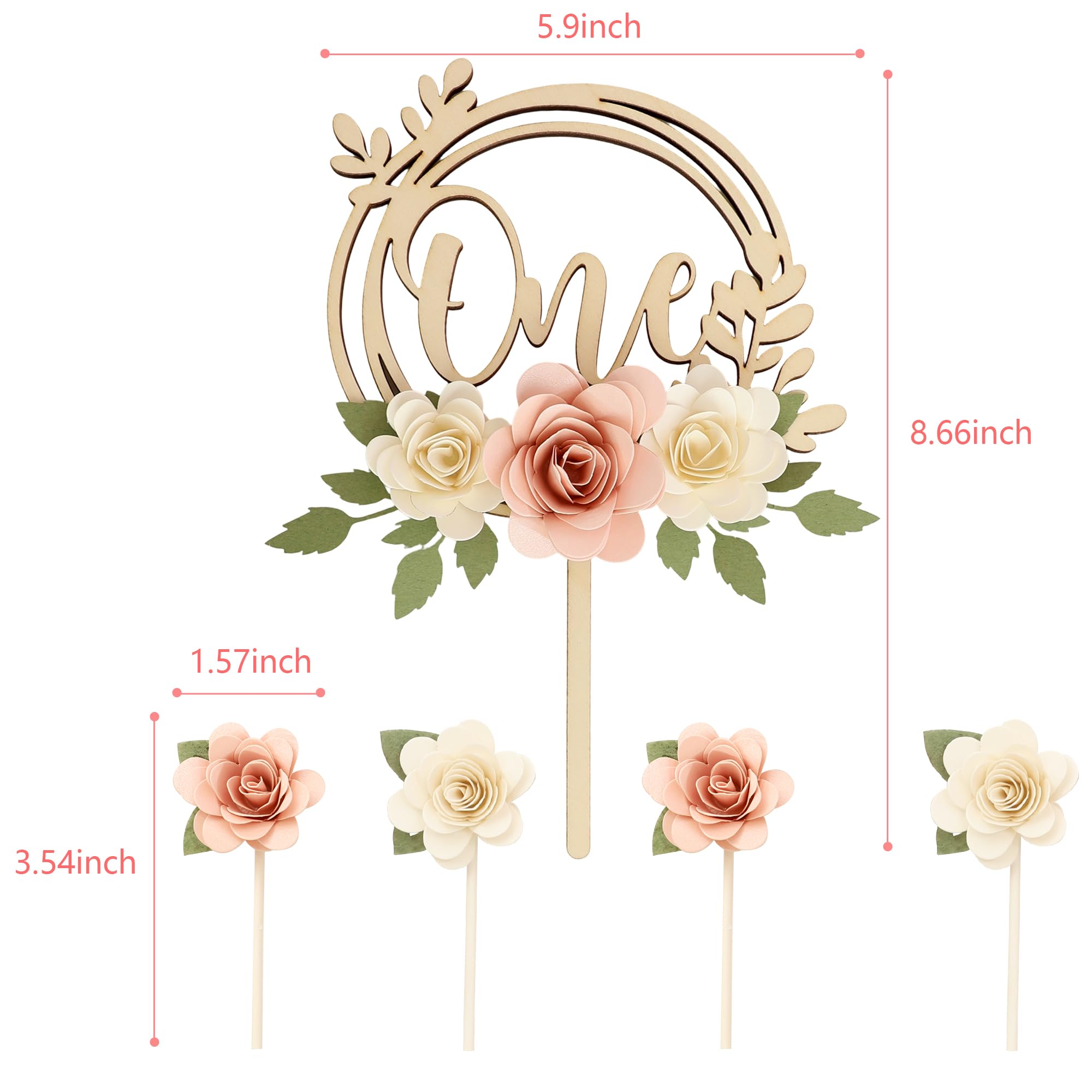 JUIIZAY Wooden One Cake Topper Flower First Birthday Decorations For Girl 1st Light Pink Floral Cake Toppers Party Supplies