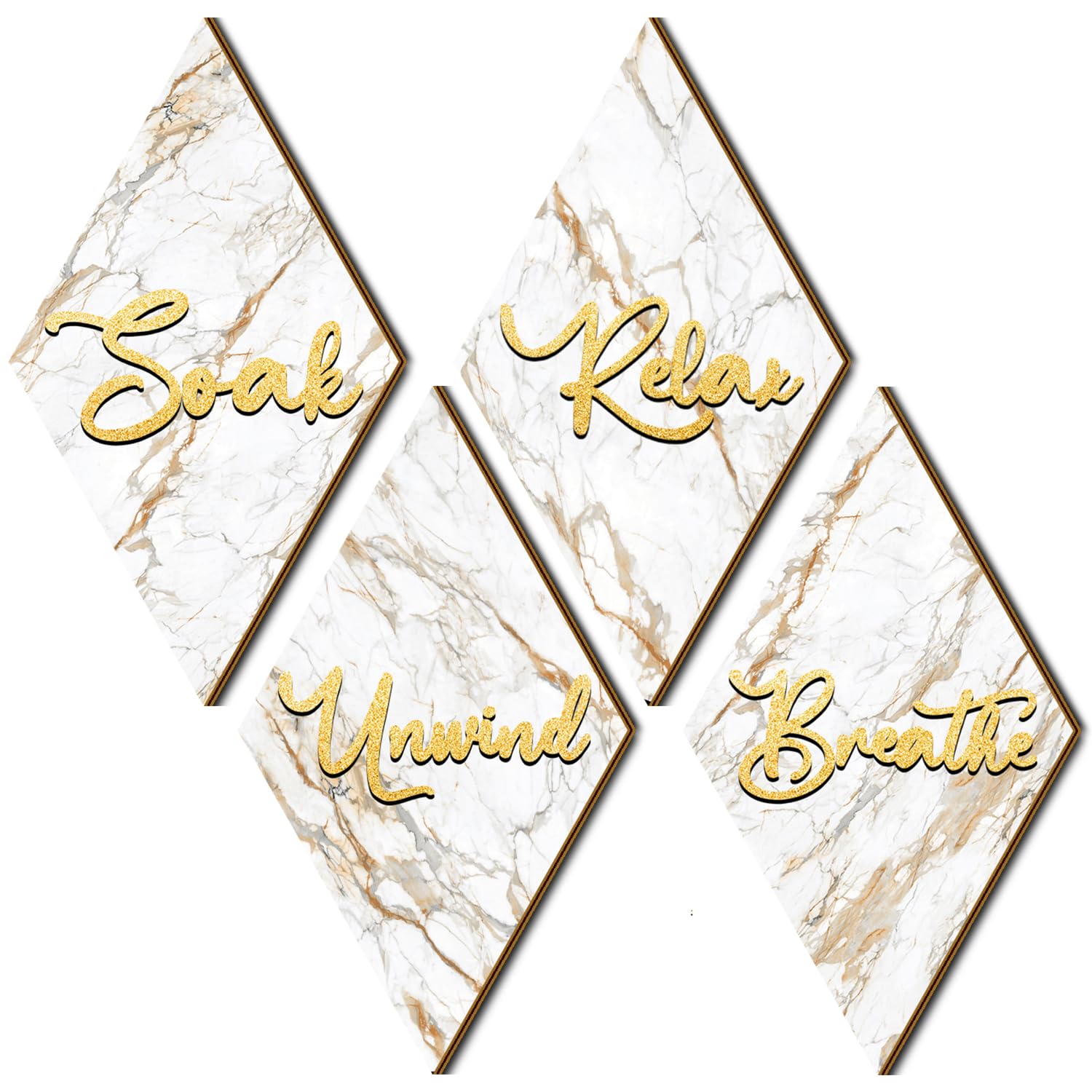 4PCs Bathroom Wall Decor, Diamond Shape Wooden Bathroom Signs - Soak Relax Unwind Breathe, Marble Style Wall Arts Decorations for Bathroom SPA Shower Room Toilet Dressing Room Laundry Room (White)