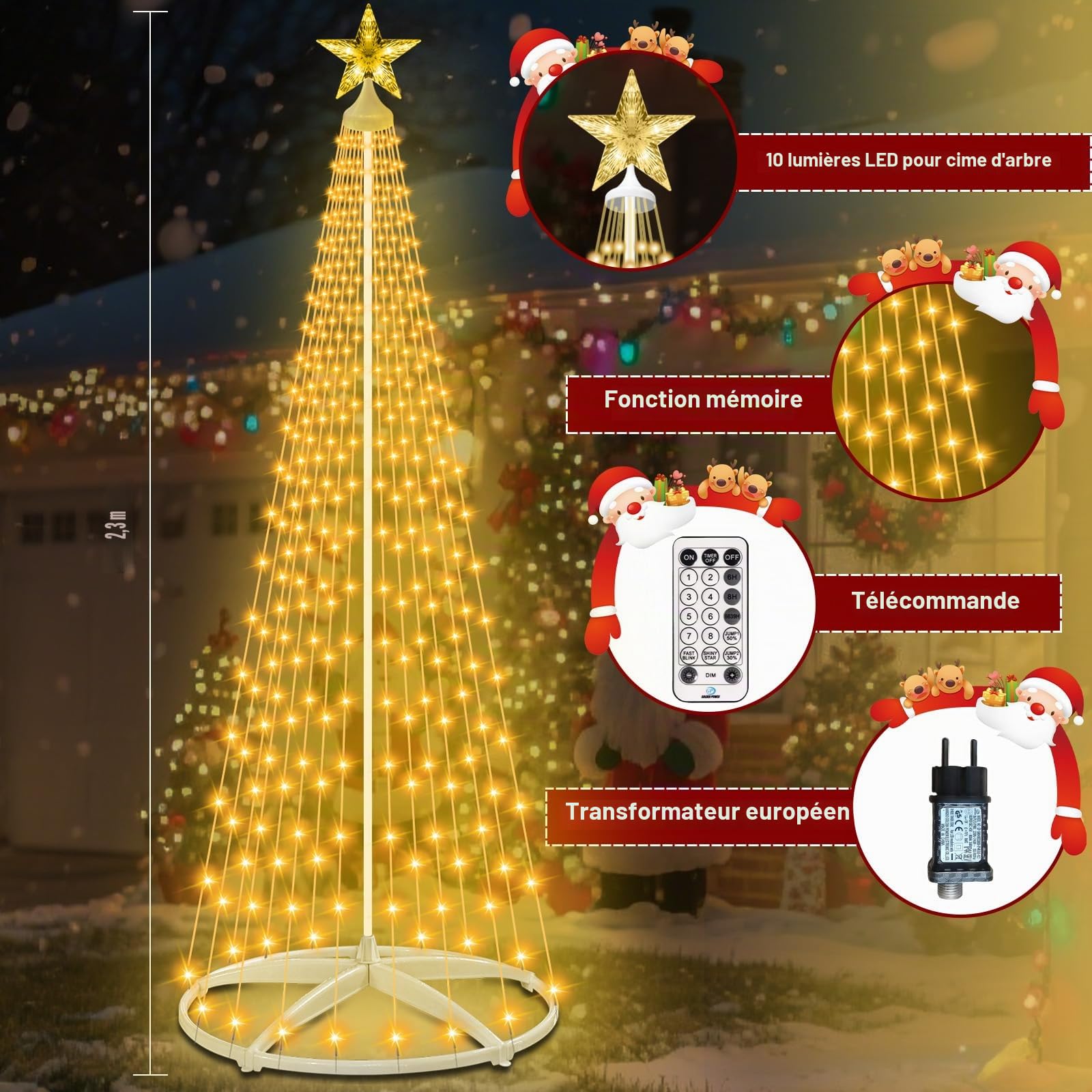 Christmas Cone Tree Lights, 2,28m 310 LED Décoration de Noël Extérieur, Sapin de Noel Lumineux, Guirlande Lumineuse d'Arbre de Noël,12 Modes, avec Télécommande pour Jardin ou Balcon (Blanc Chaud）