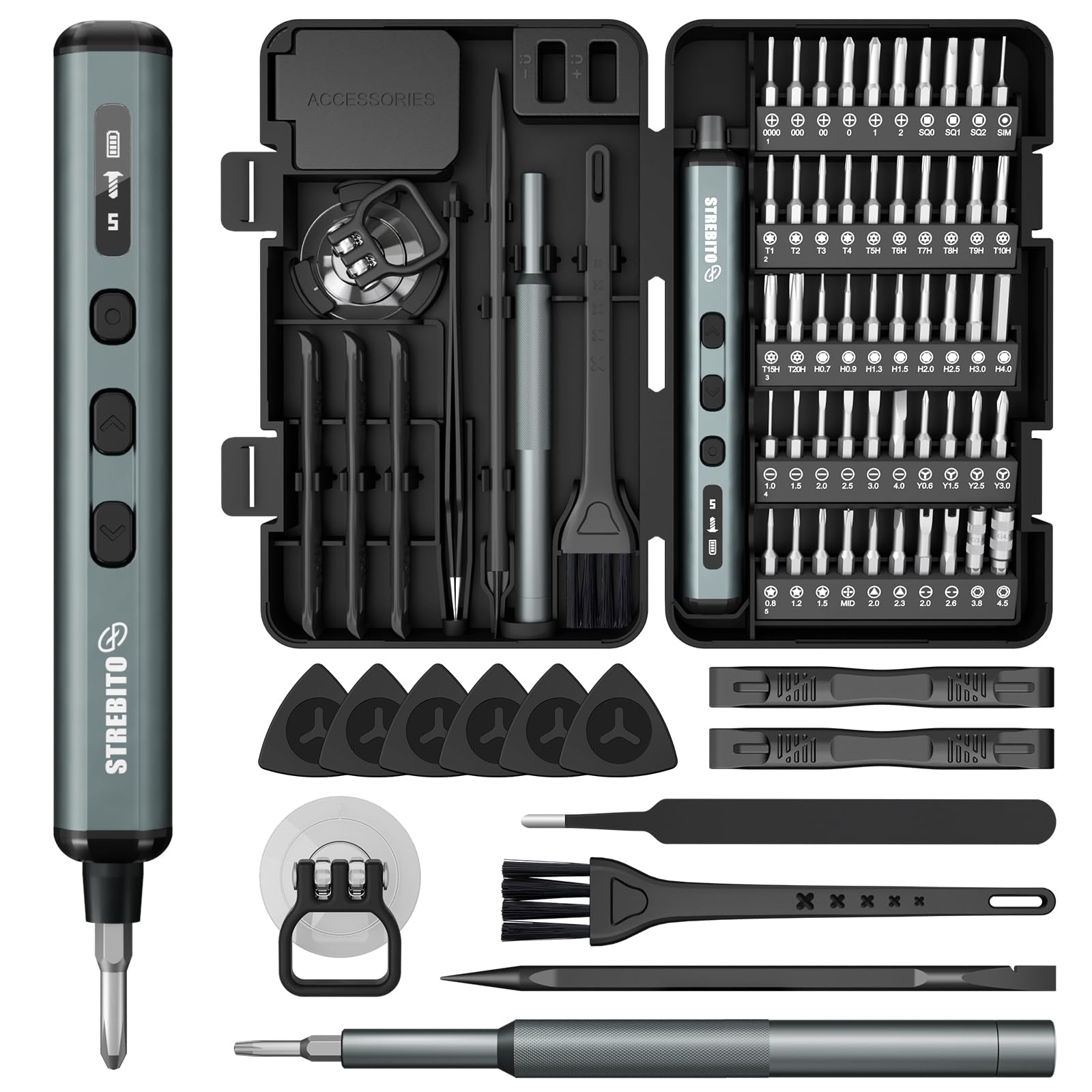 STREBITO Mini Electric Screwdriver, 67 in 1 Electric Screwdriver Kit - 50 S2 Preicison Bits, 5 Torque Settings, Organized Storage, Small Electric Screwdriver Rechargeable Tool kit for PC Electronics