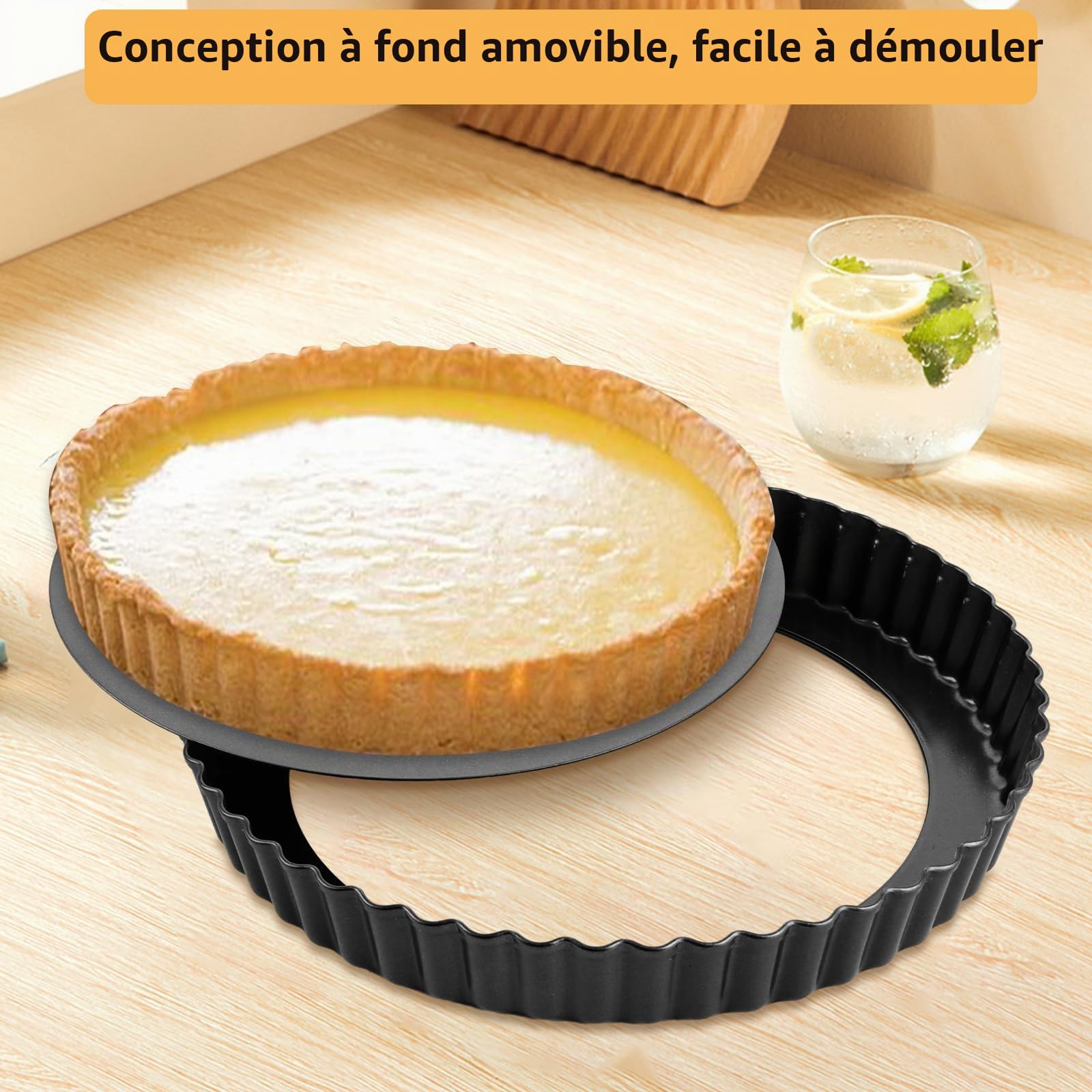 3 Pièces Moule A Tarte Fond Amovible 22 26 30 cm, Plat A Tarte et Plat A Quiche Noir en Acier Carbone, Moule Cannelé pour Pizza et Dessert Maison