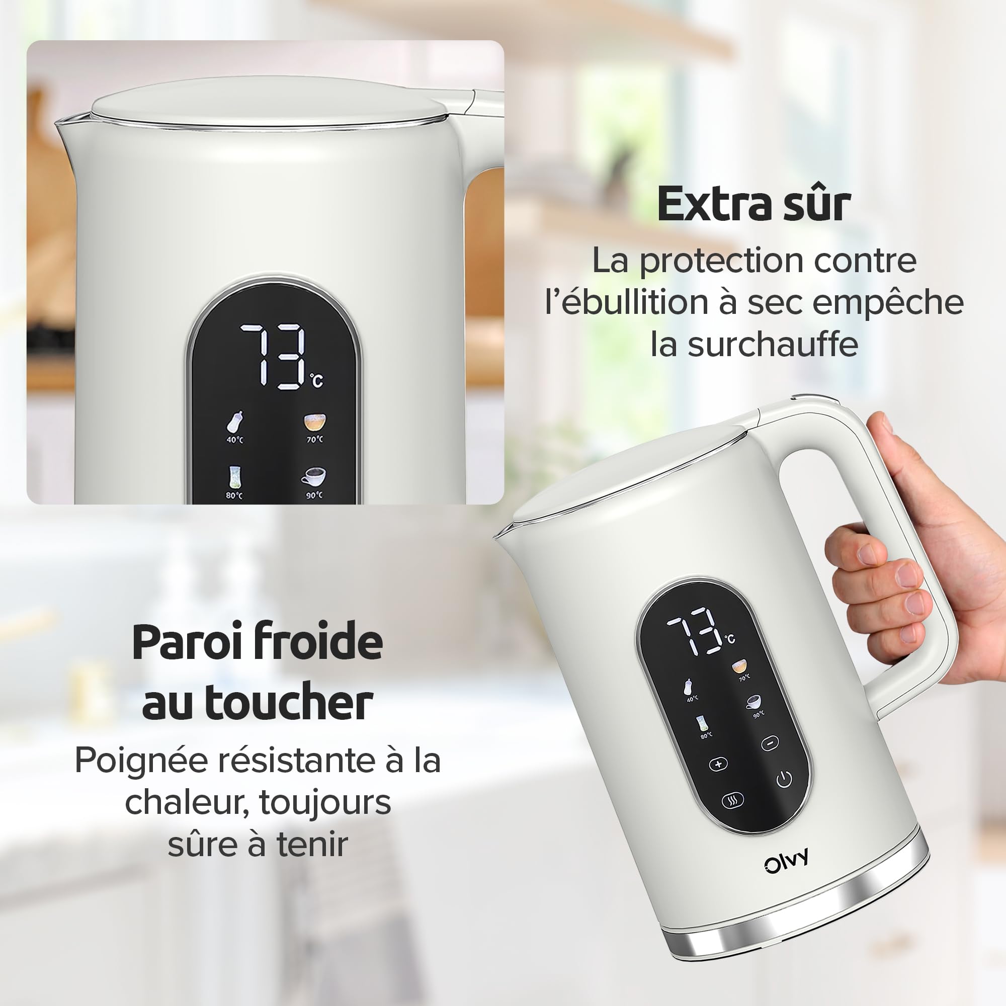 Olvy Bouilloire Électrique 1,7L Inox 2200W Double Paroi Maintien au Chaud