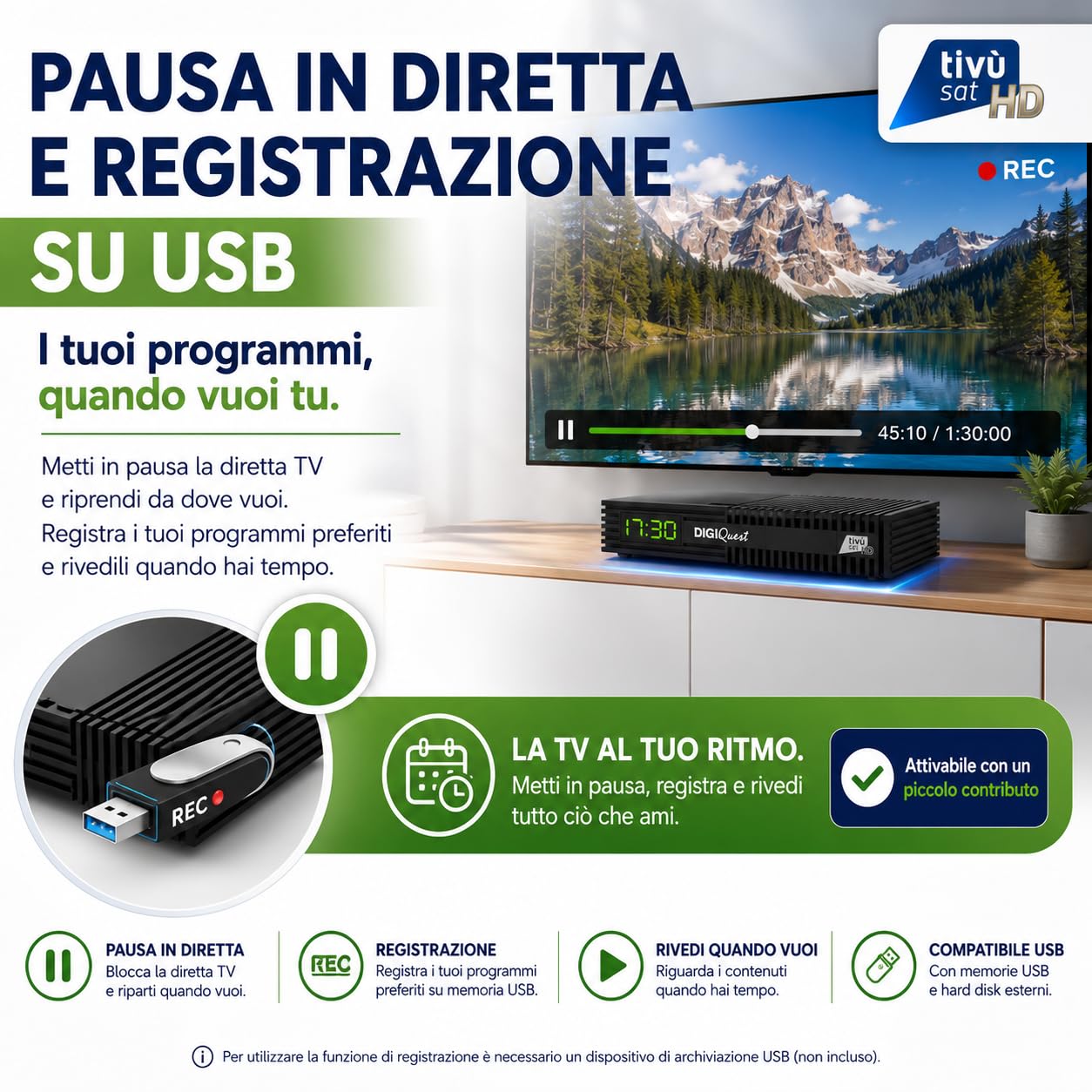 DIGIQUEST Decoder Tivùsat Ti9, DVB-S2 | CAVO HDMI INCLUSO | AUTO INSTALLANTE | Smartcard Tivùsat inclusa | DVB-T2 HEVC Main 10 | Registrazione attivabile | Merlin