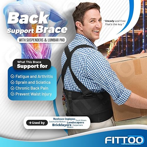 Miniatura 3 de FITTOO Soporte de espalda con tirantes extraíbles y almohadilla lumbar para aliviar el dolor de espalda, soporte de levantamiento pesado, trabajos